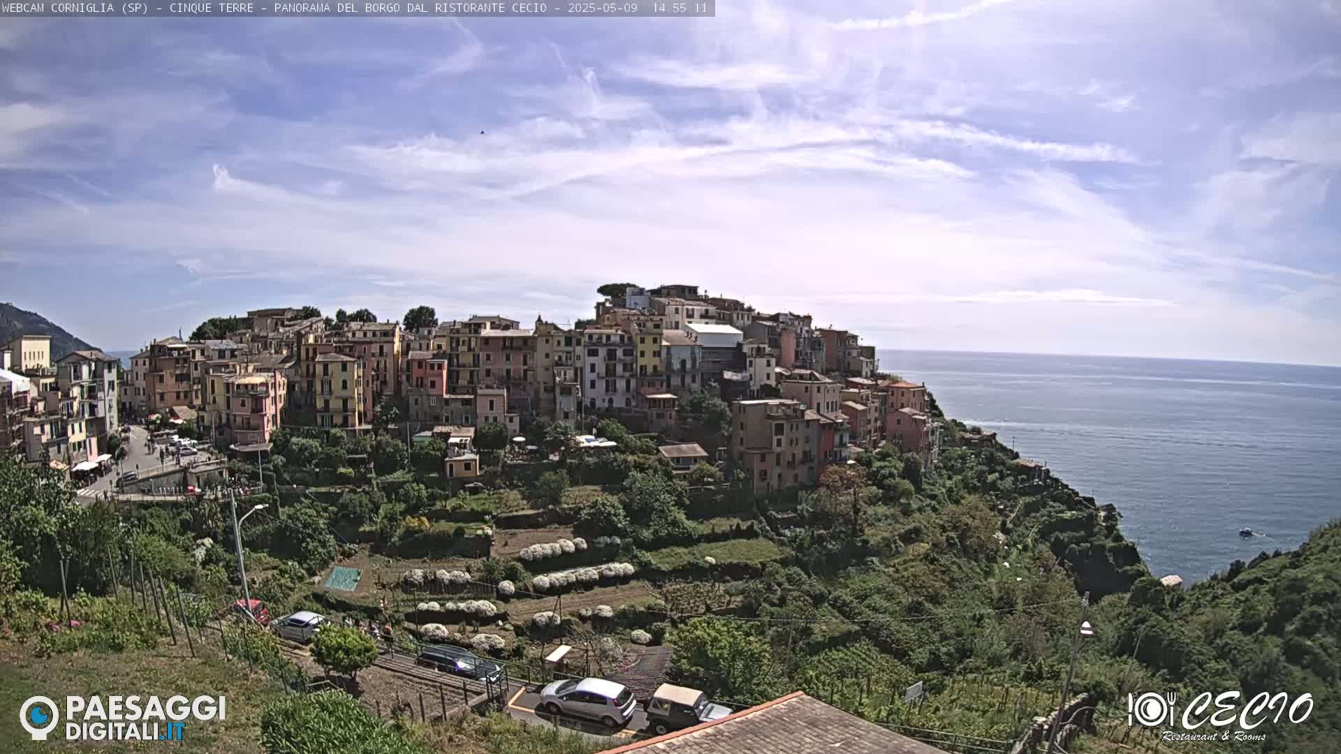 A picturesque coastal town, nestled on a hillside overlooking a calm ocean under a mostly sunny sky, with terraced gardens and a few vehicles visible below.