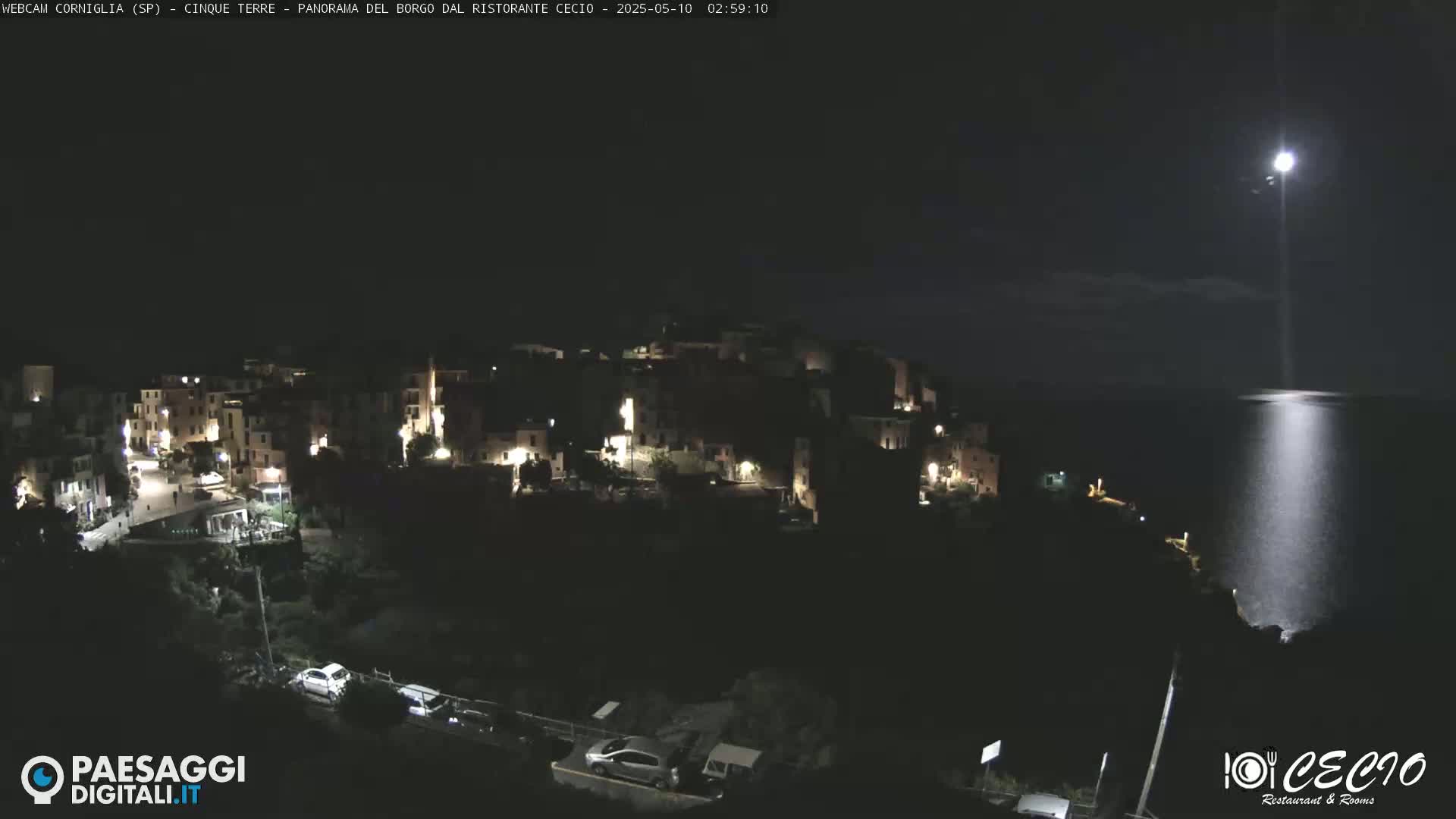 A nighttime view of a village illuminated by lights, overlooking a moonlit sea under a clear sky.
