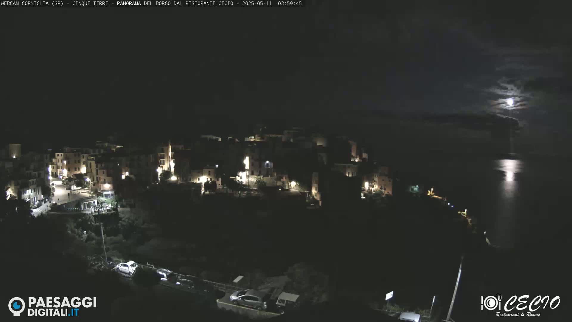 A moonlit night scene shows a small, dark town nestled on a hillside overlooking a calm body of water.