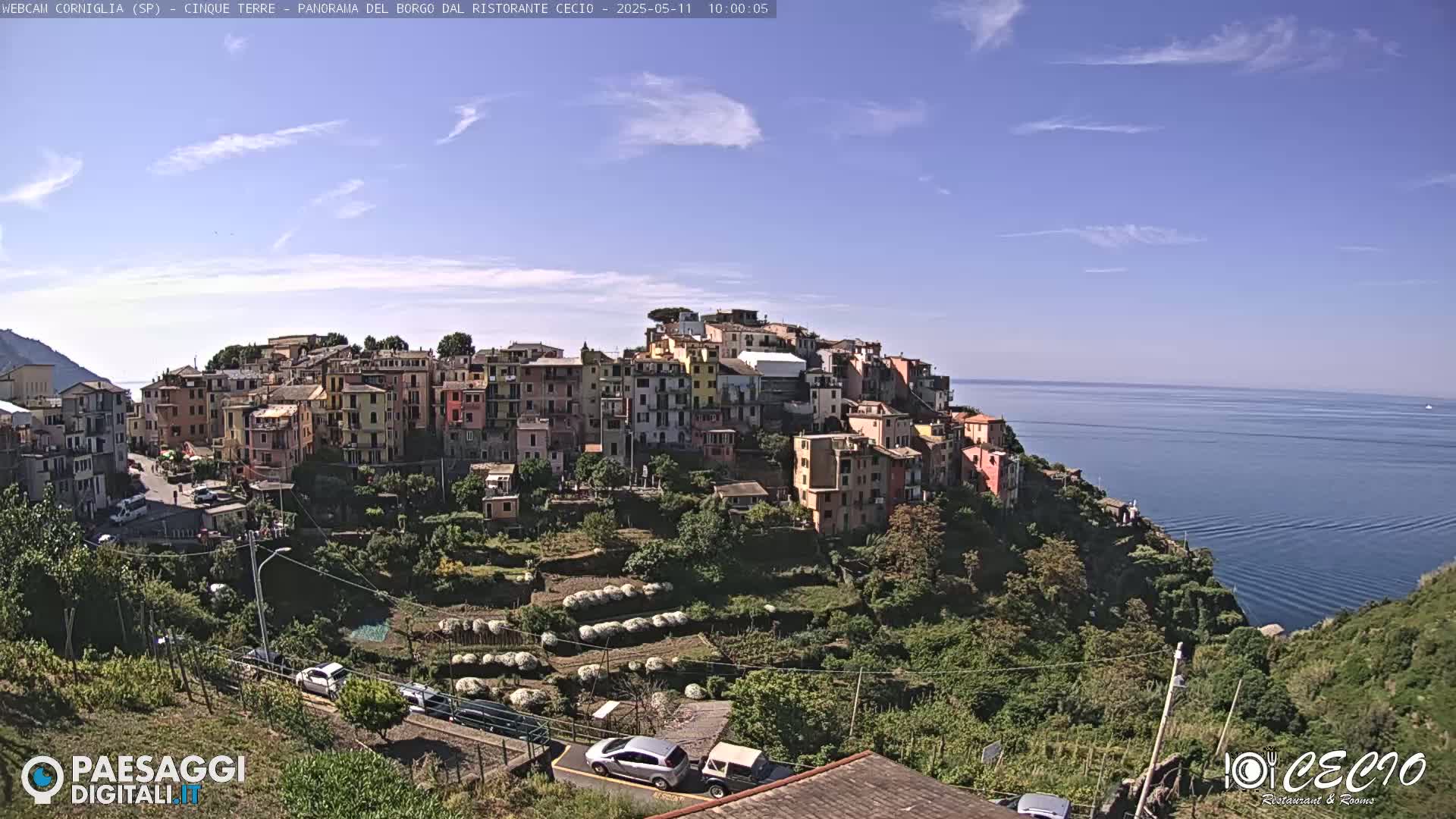 A colorful hillside village overlooks a calm blue sea under a mostly clear sky.