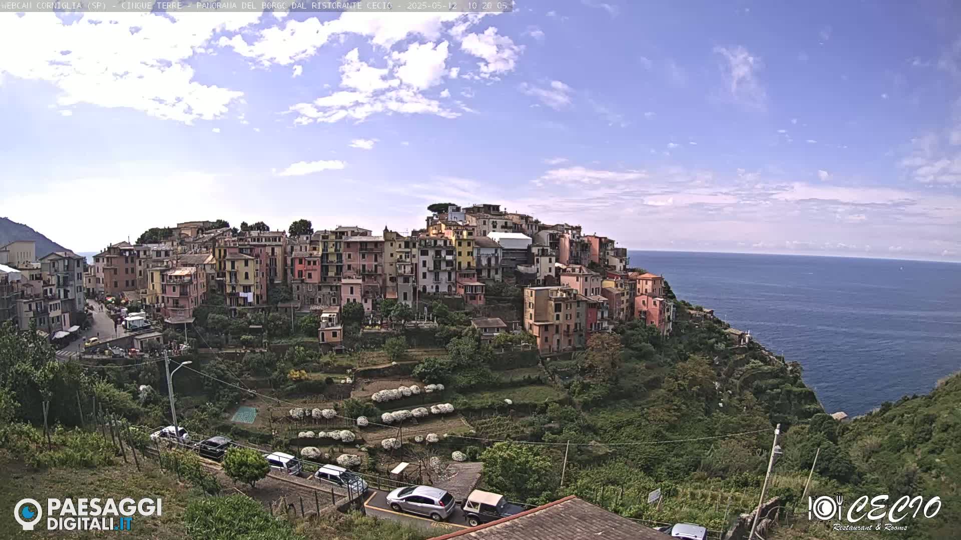 A picturesque village of colorful buildings clings to a hillside overlooking a calm, blue sea under a partly cloudy sky.
