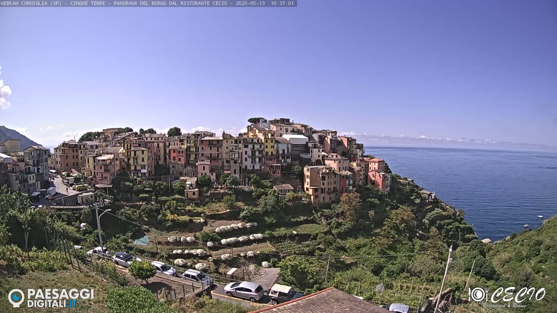 A colorful village clings to a hillside overlooking a calm, blue sea under a clear sky.