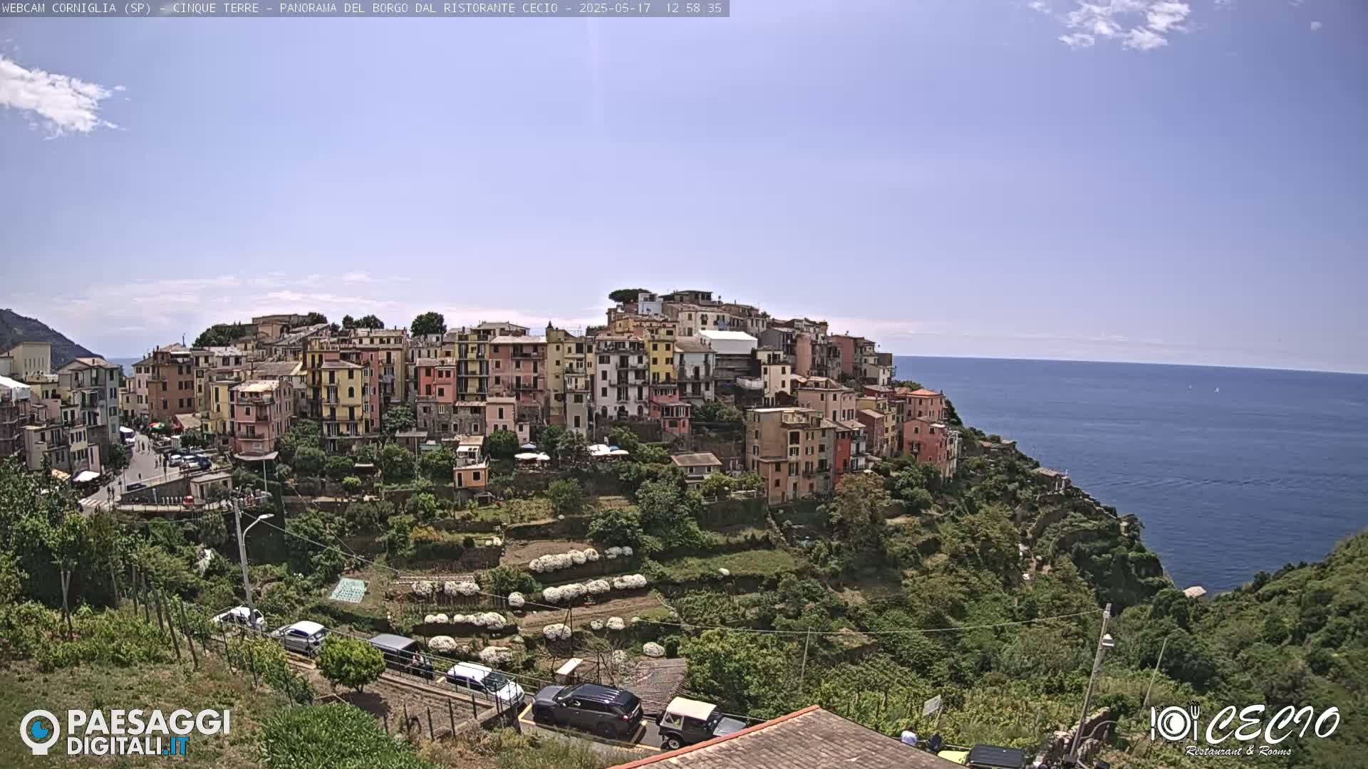A colorful hillside village overlooks a calm blue sea under a mostly sunny sky.