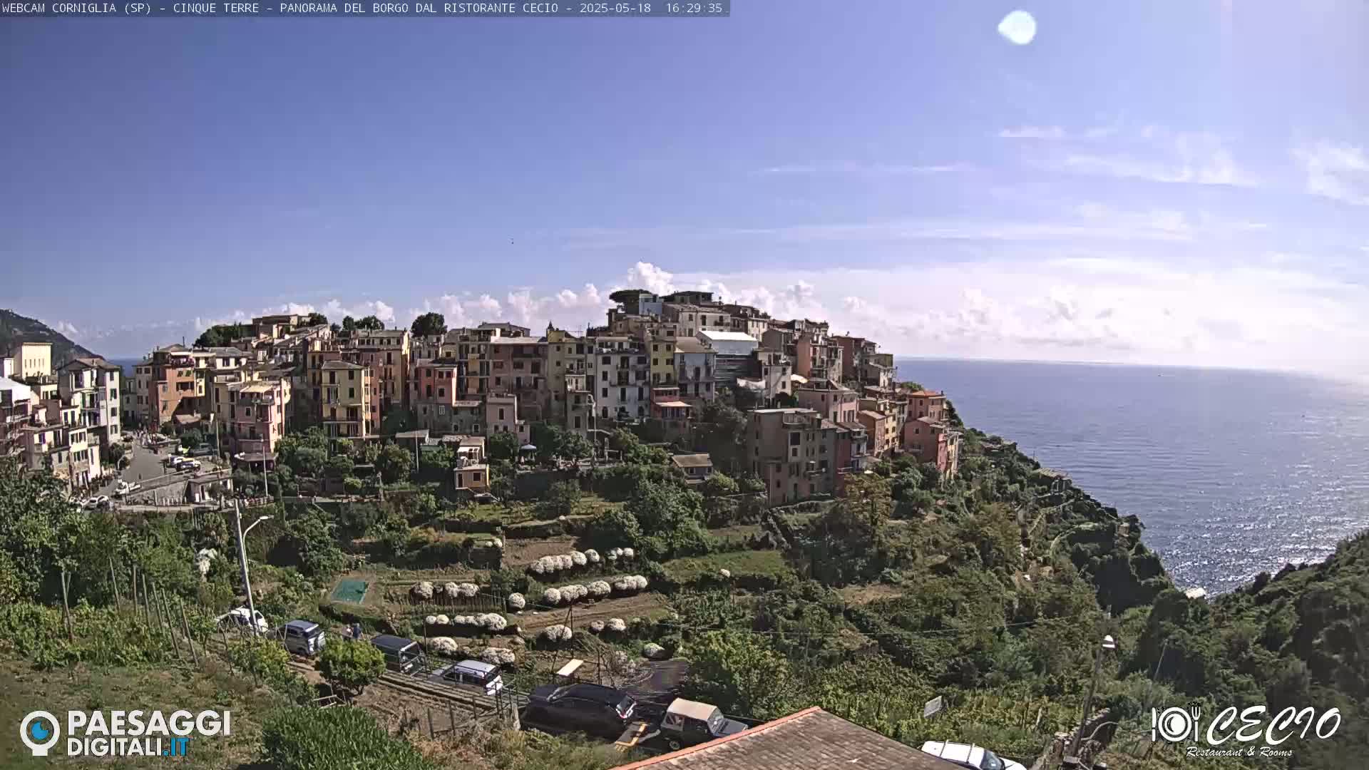A colorful hillside village overlooks a calm blue sea under a mostly clear sky.