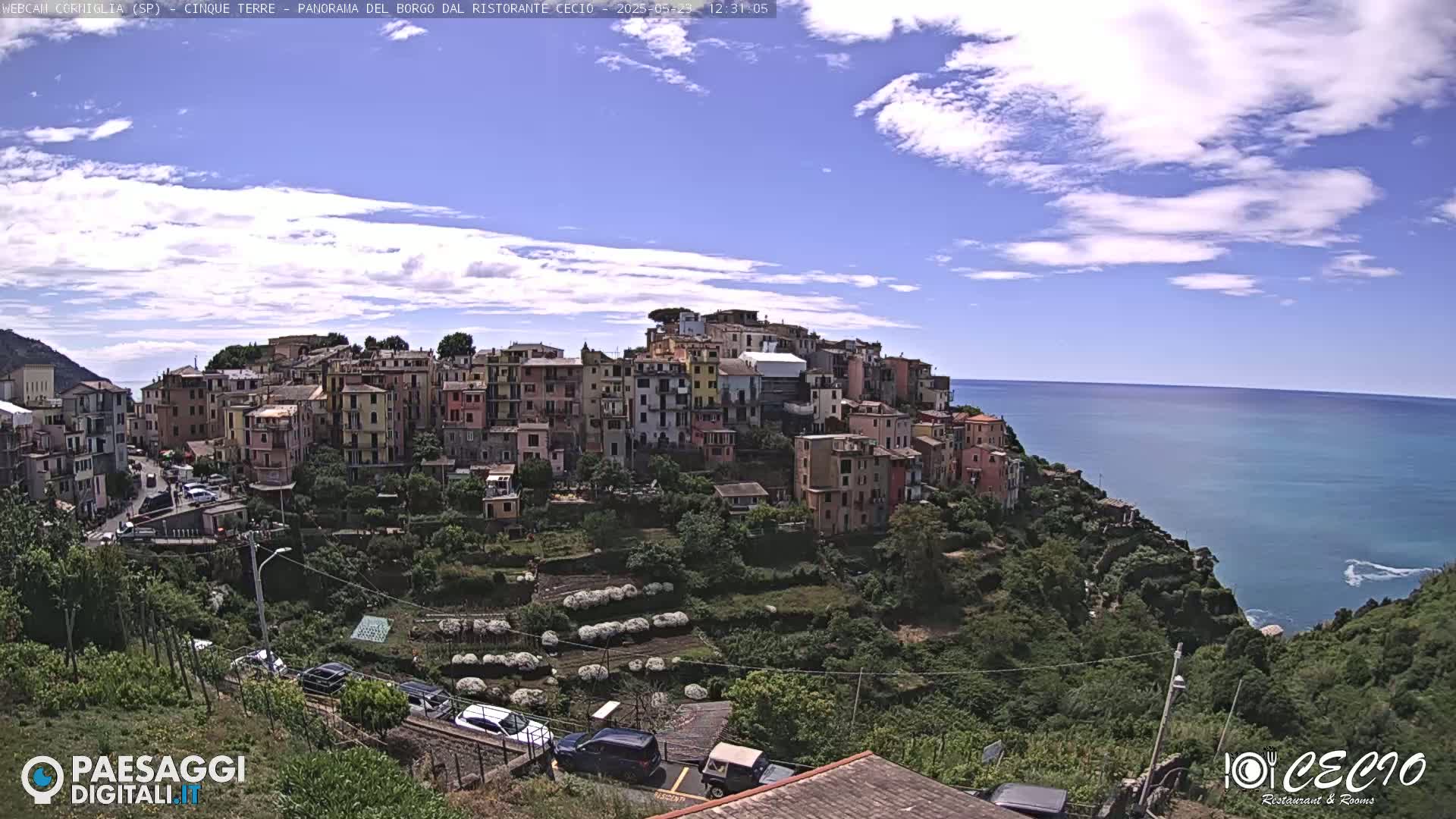 A colorful hillside village overlooks a calm blue sea under a partly cloudy sky.
