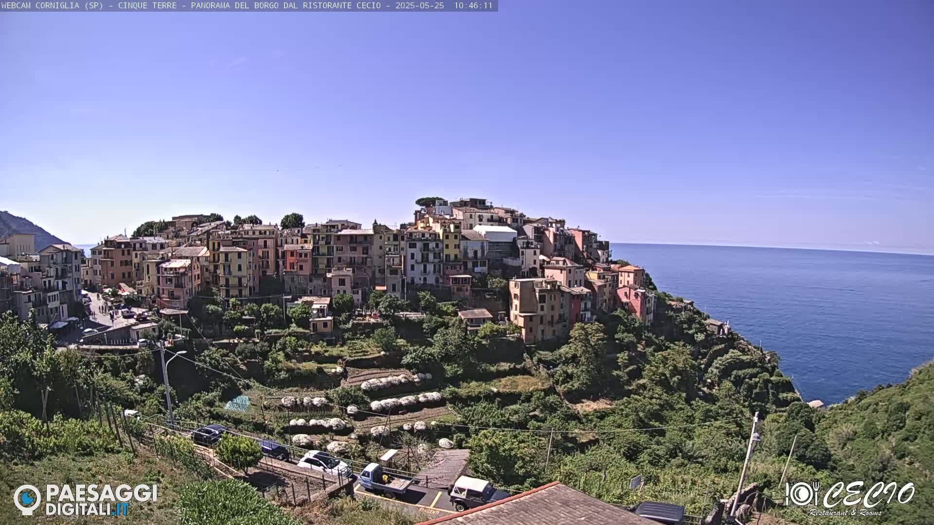 A colorful hillside village overlooks a calm blue sea under a clear sky.