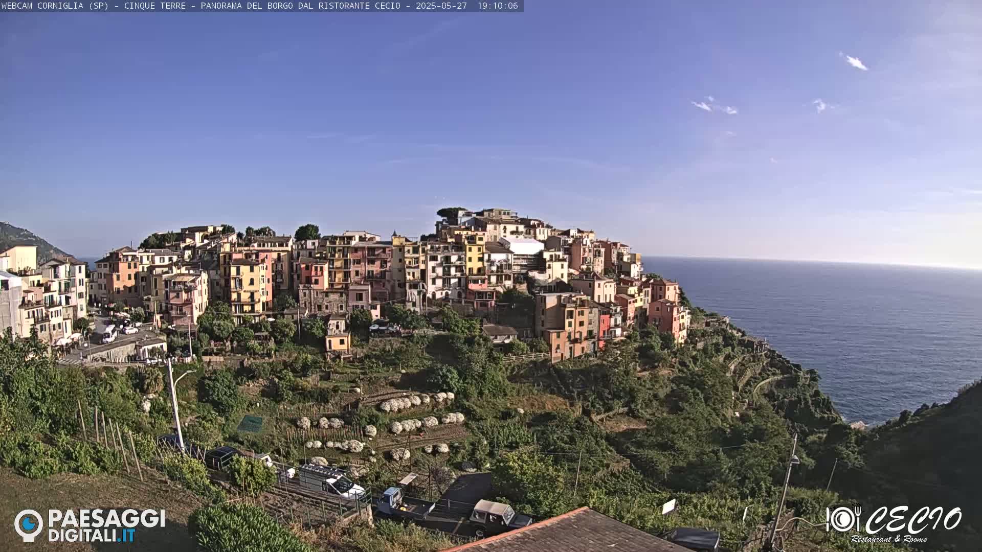 A colorful hillside village overlooks a calm ocean under a mostly clear blue sky.