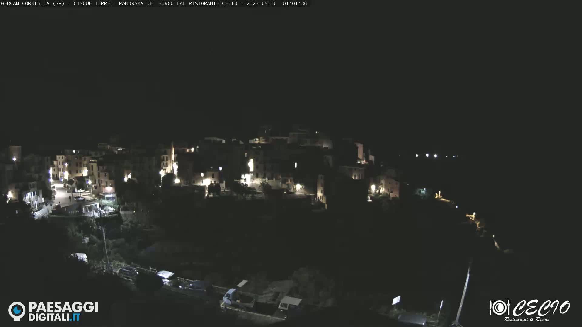 A nighttime, aerial view of a small, dimly lit town nestled on a hillside.