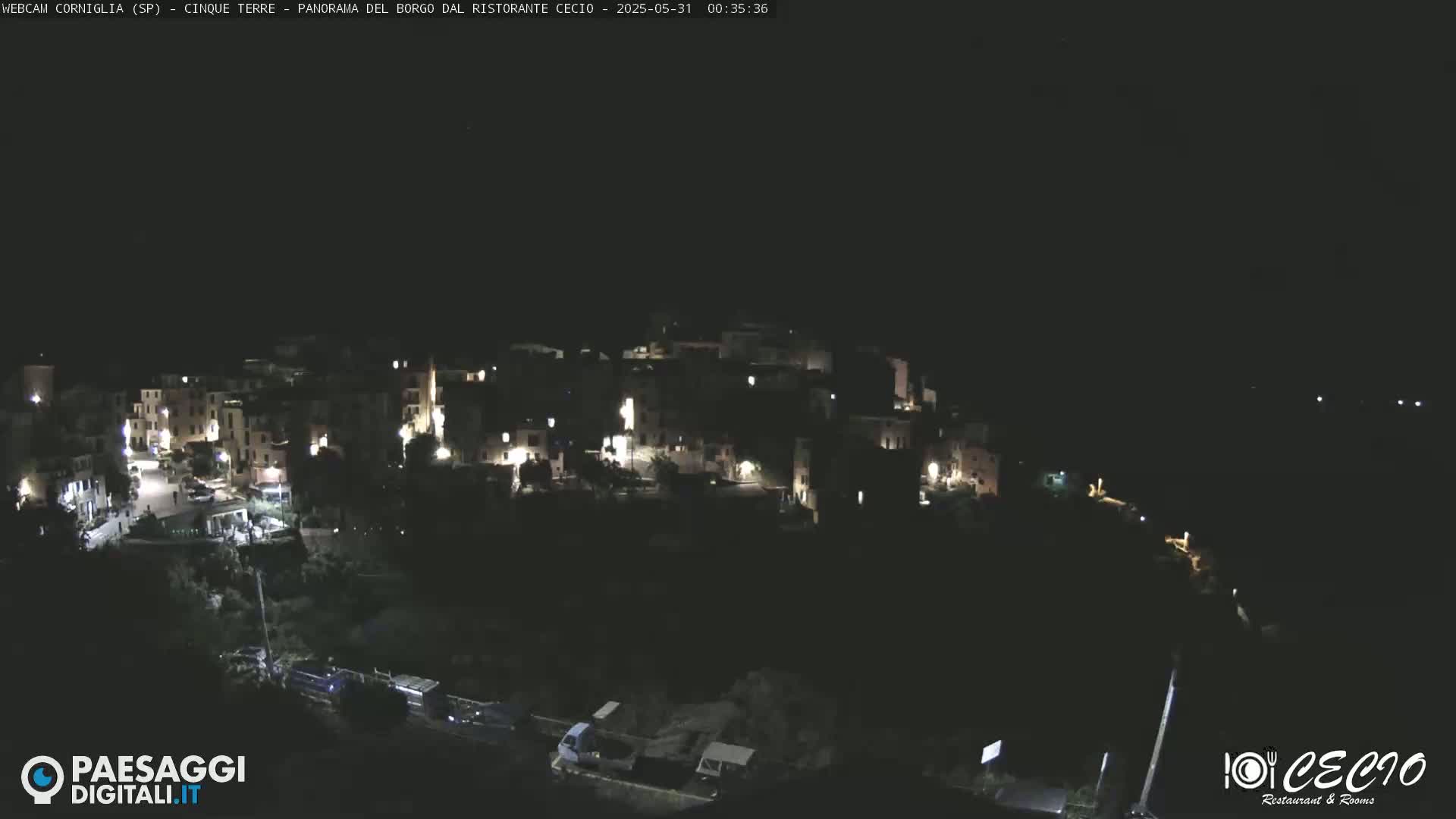 A nighttime, high-angle view of a small, dimly lit village nestled in a dark landscape.