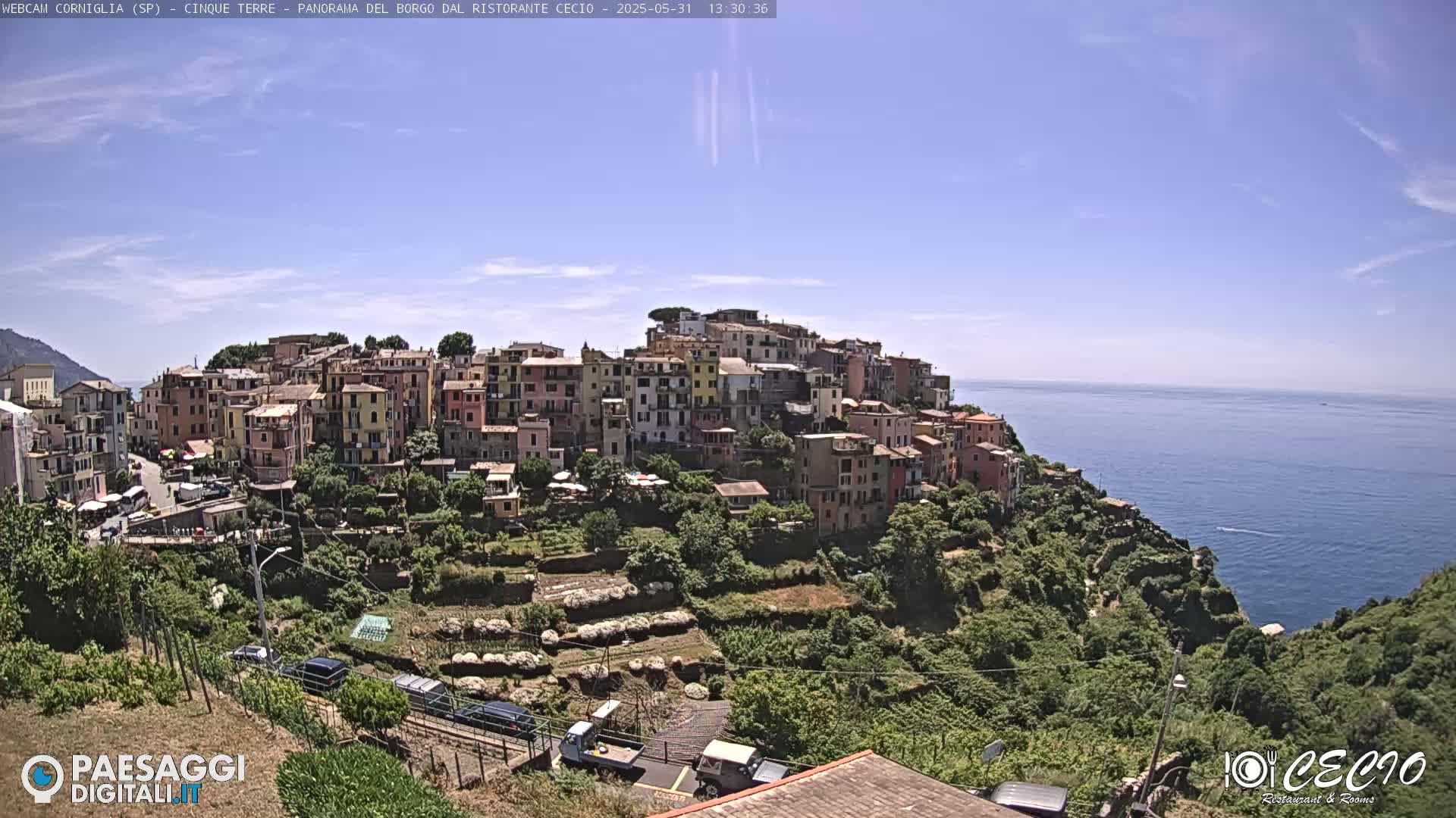 A colorful hillside village overlooks a calm blue ocean under a mostly clear sky.