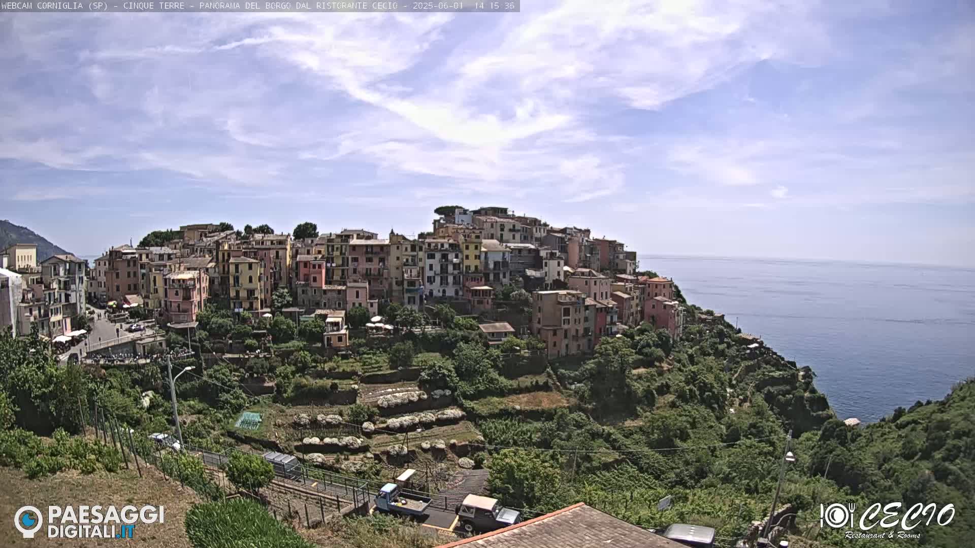 A colorful hillside village overlooks a calm ocean under a partly cloudy sky.
