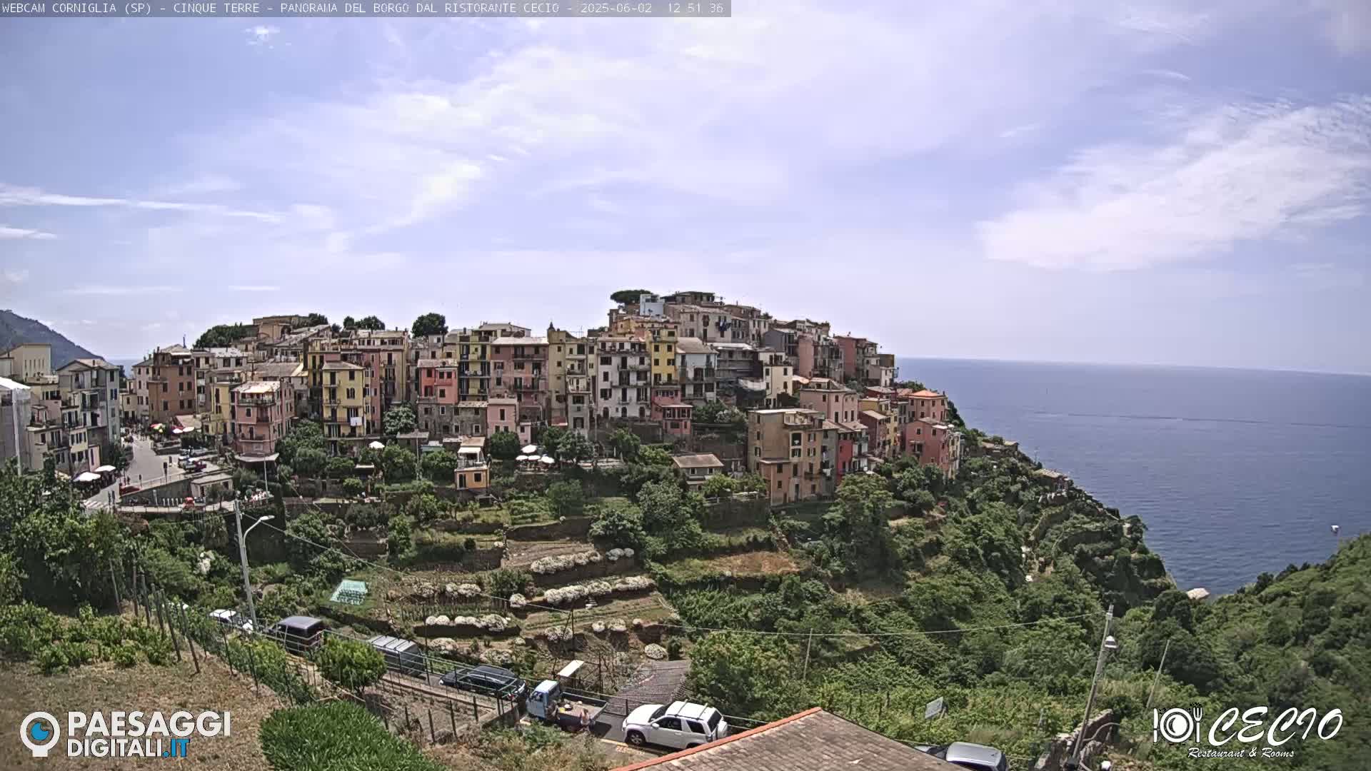 A colorful hillside village clings to a cliff overlooking a calm blue sea under a mostly clear sky.