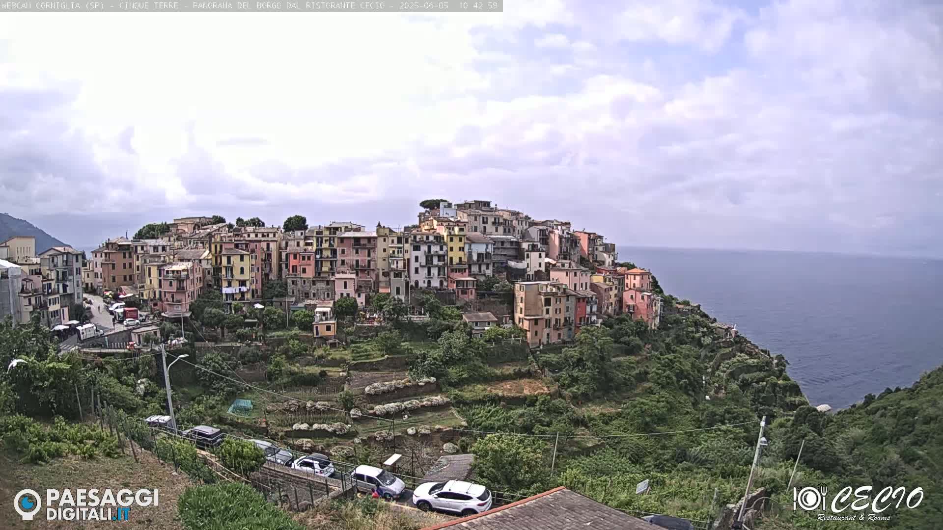 A colorful hillside village overlooks a calm ocean under a partly cloudy sky.