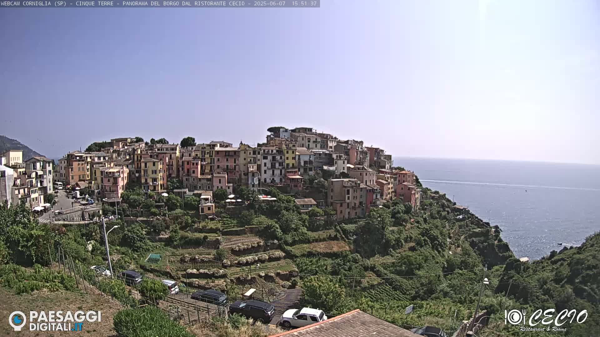 A colorful hillside village overlooks a calm blue sea under a clear sky.