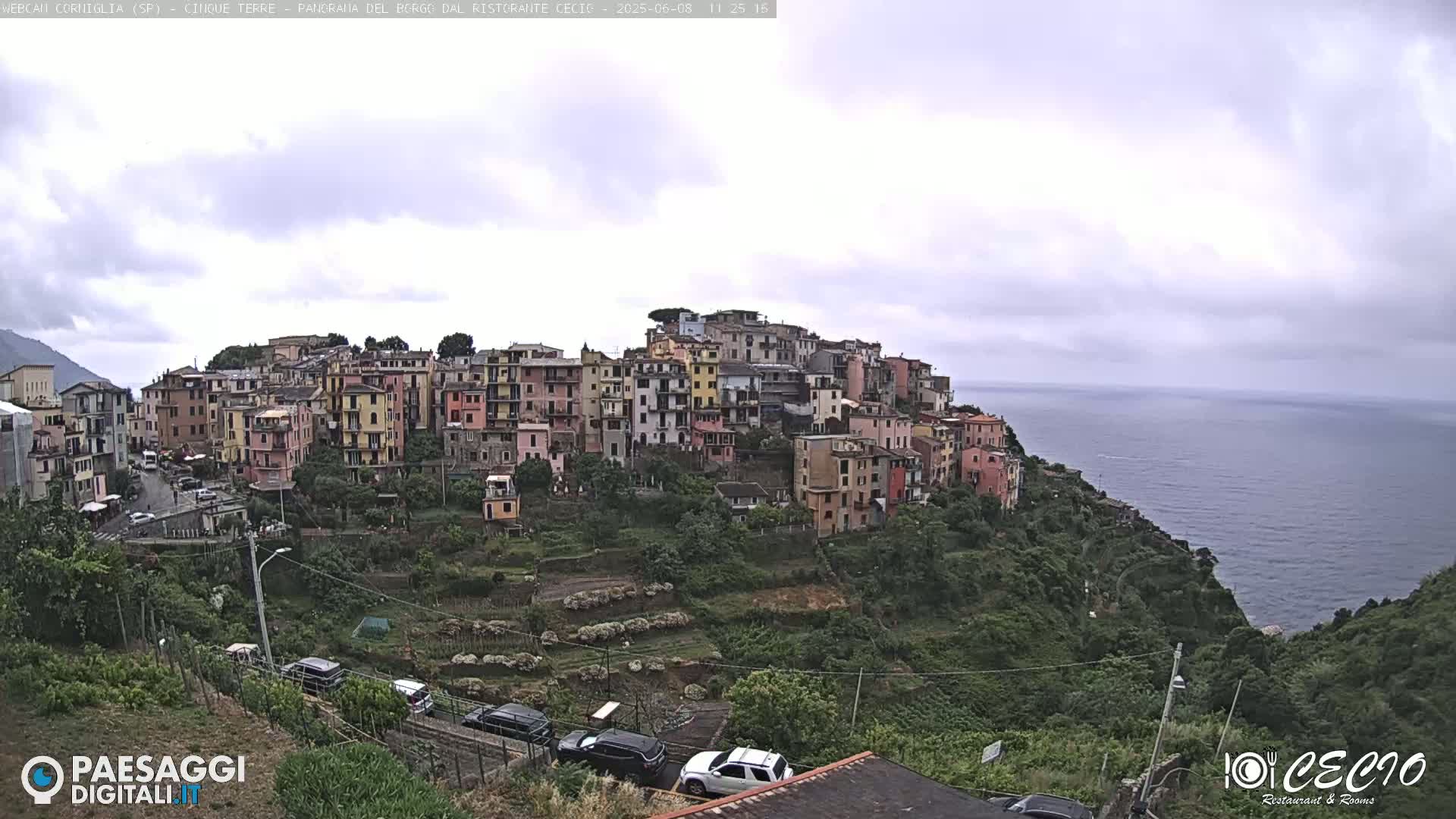 A hillside village of colorful buildings overlooks a calm sea under an overcast sky.