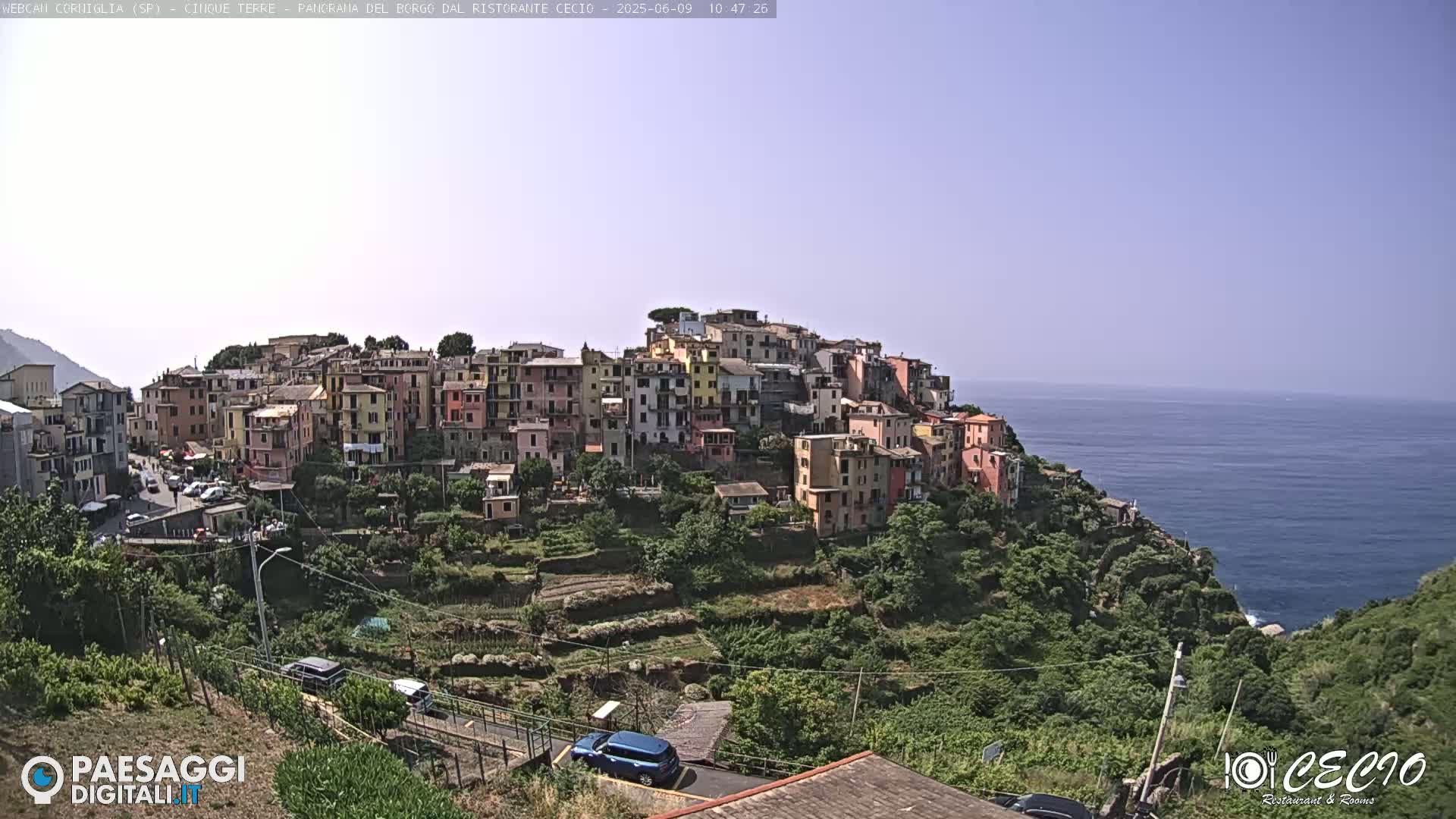 A colorful hillside village overlooks a calm blue sea under a clear, light-blue sky.