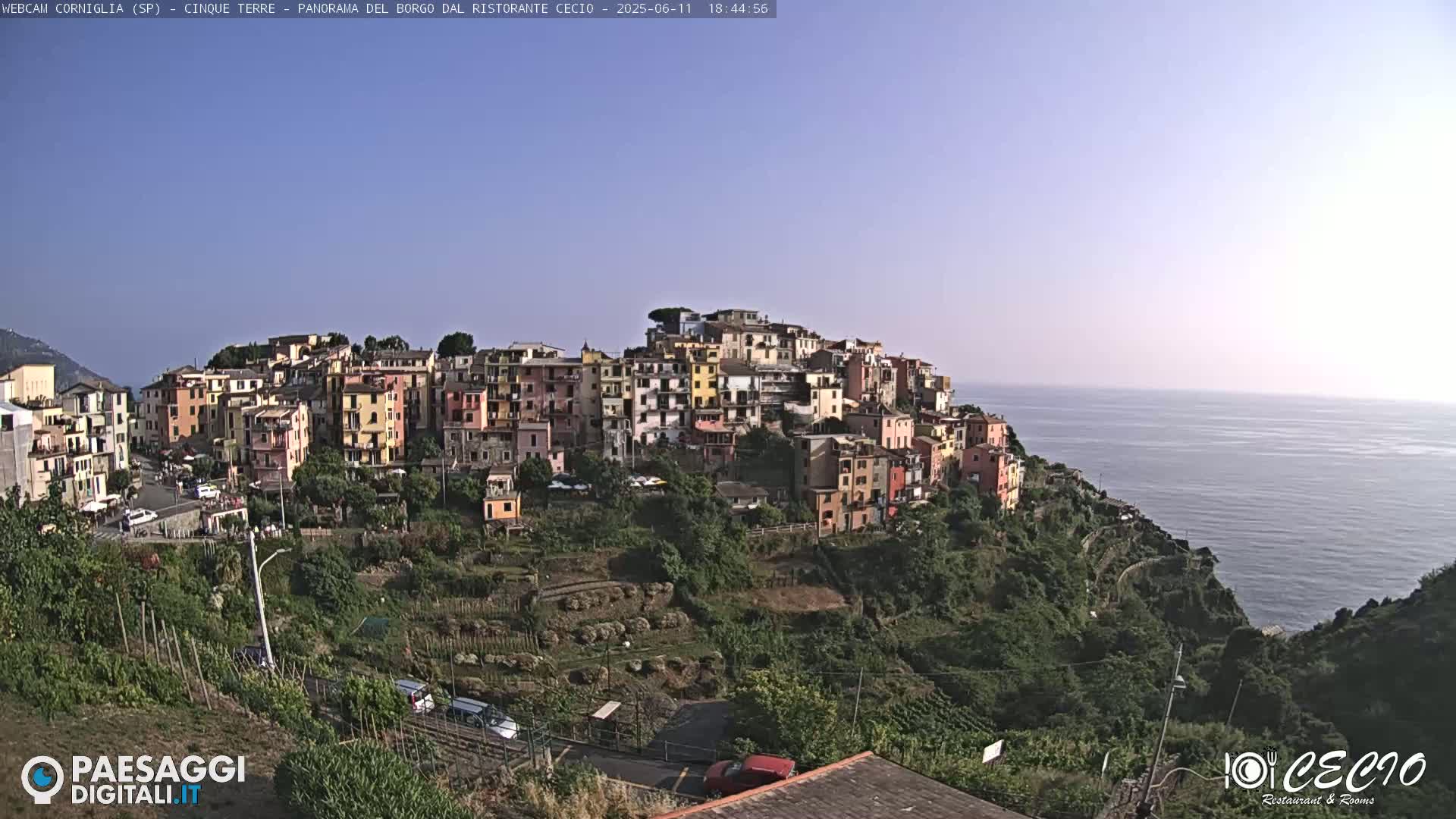 A colorful hillside village overlooks a calm sea under a clear, bright sky.