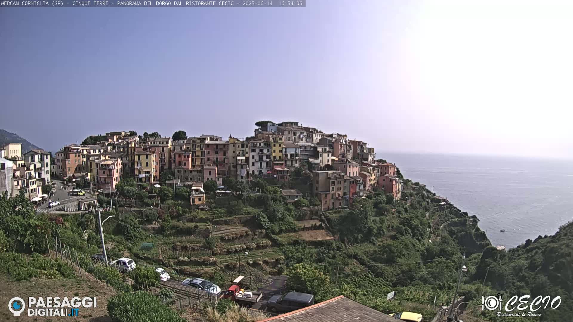A colorful hillside village overlooks a calm ocean under a clear sky.