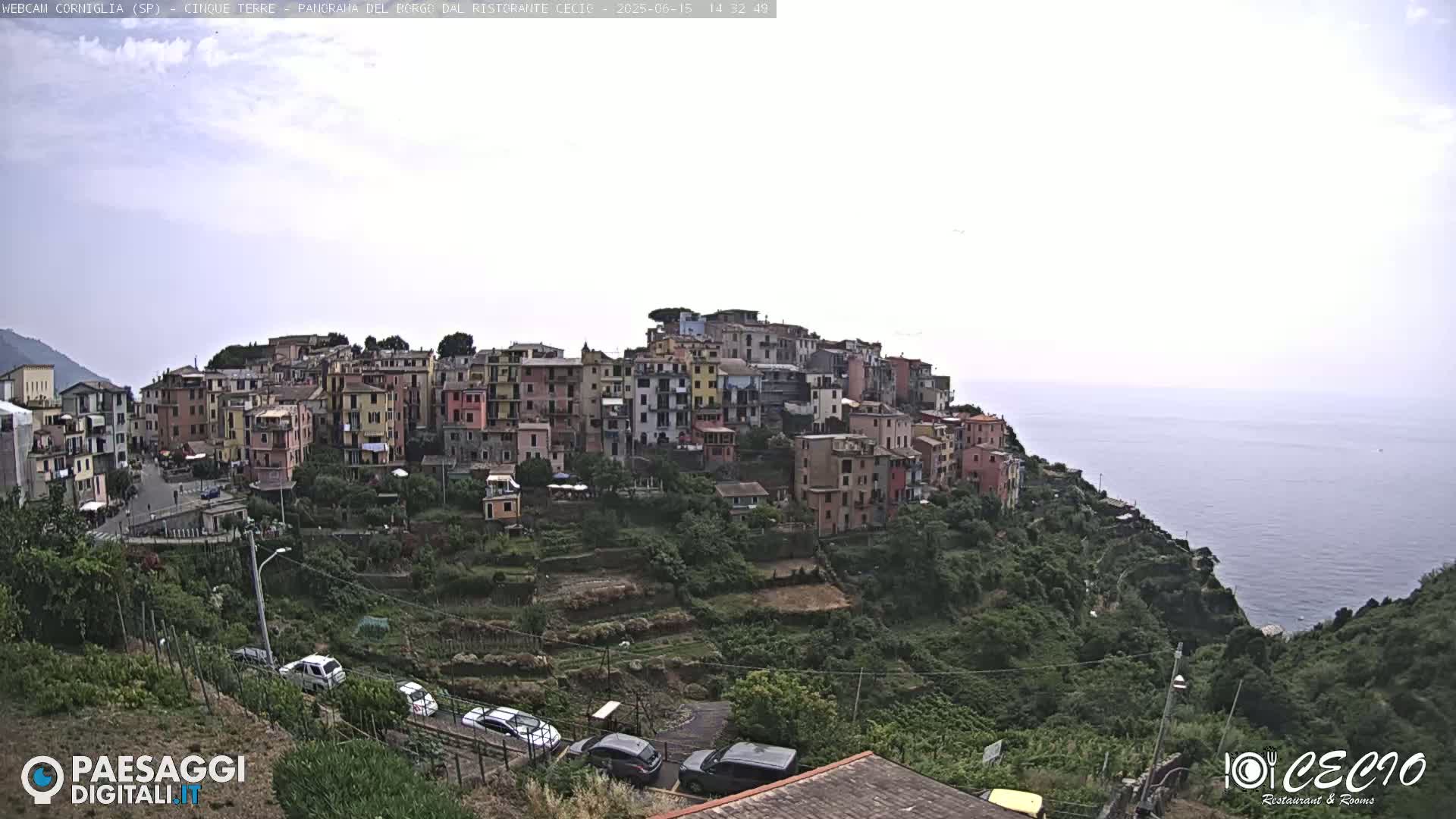 A coastal town with colorful buildings on a hillside overlooking a calm sea under a mostly cloudy sky.