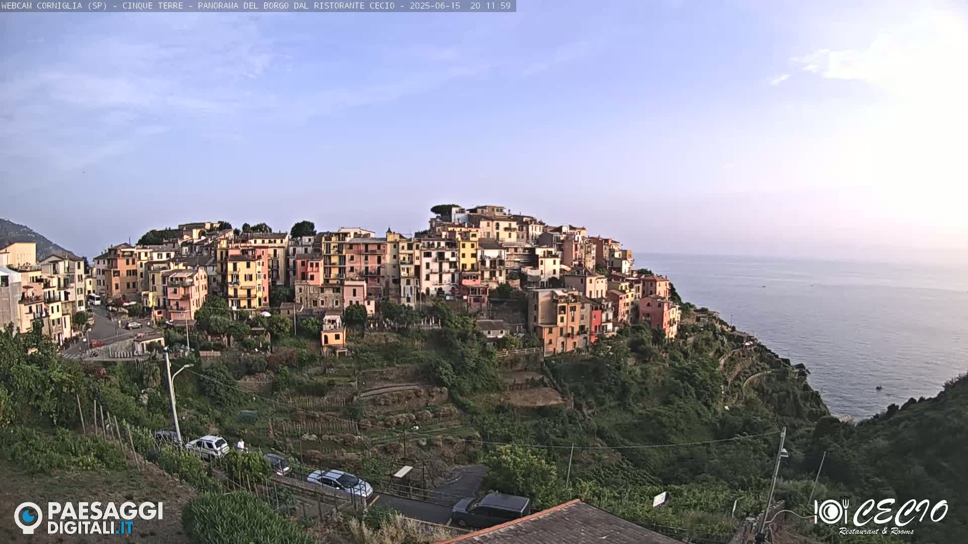 A hillside village of colorful buildings overlooks a calm ocean under a clear, light-blue sky.