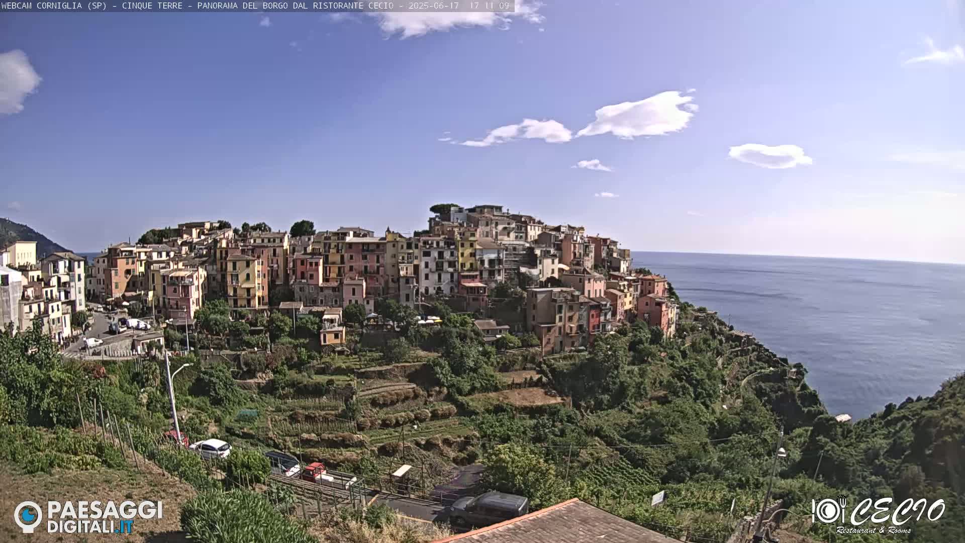 A colorful hillside village overlooks a calm ocean under a mostly clear sky.