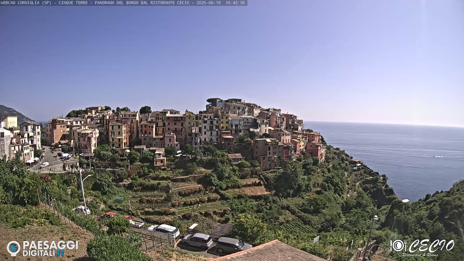 A colorful hillside village overlooks a calm blue ocean under a clear blue sky.