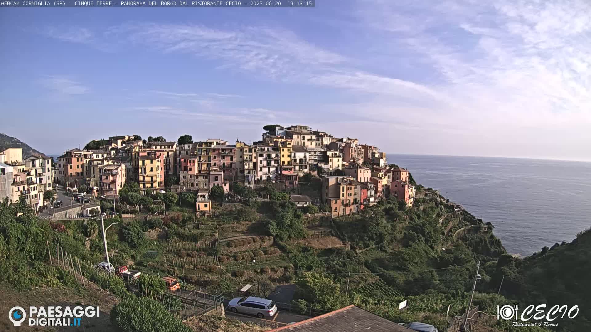 A coastal village with colorful buildings on a hillside overlooking a calm sea under a partly cloudy sky.