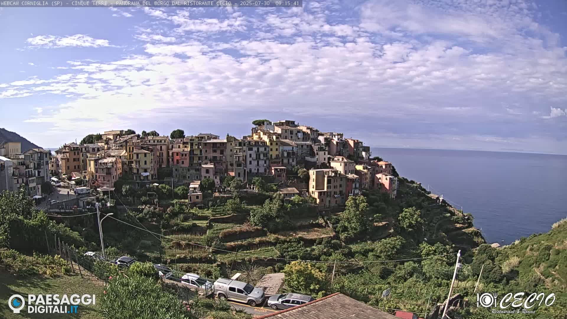 A picturesque village of colorful buildings clings to a hillside overlooking a calm ocean under a partly cloudy sky.