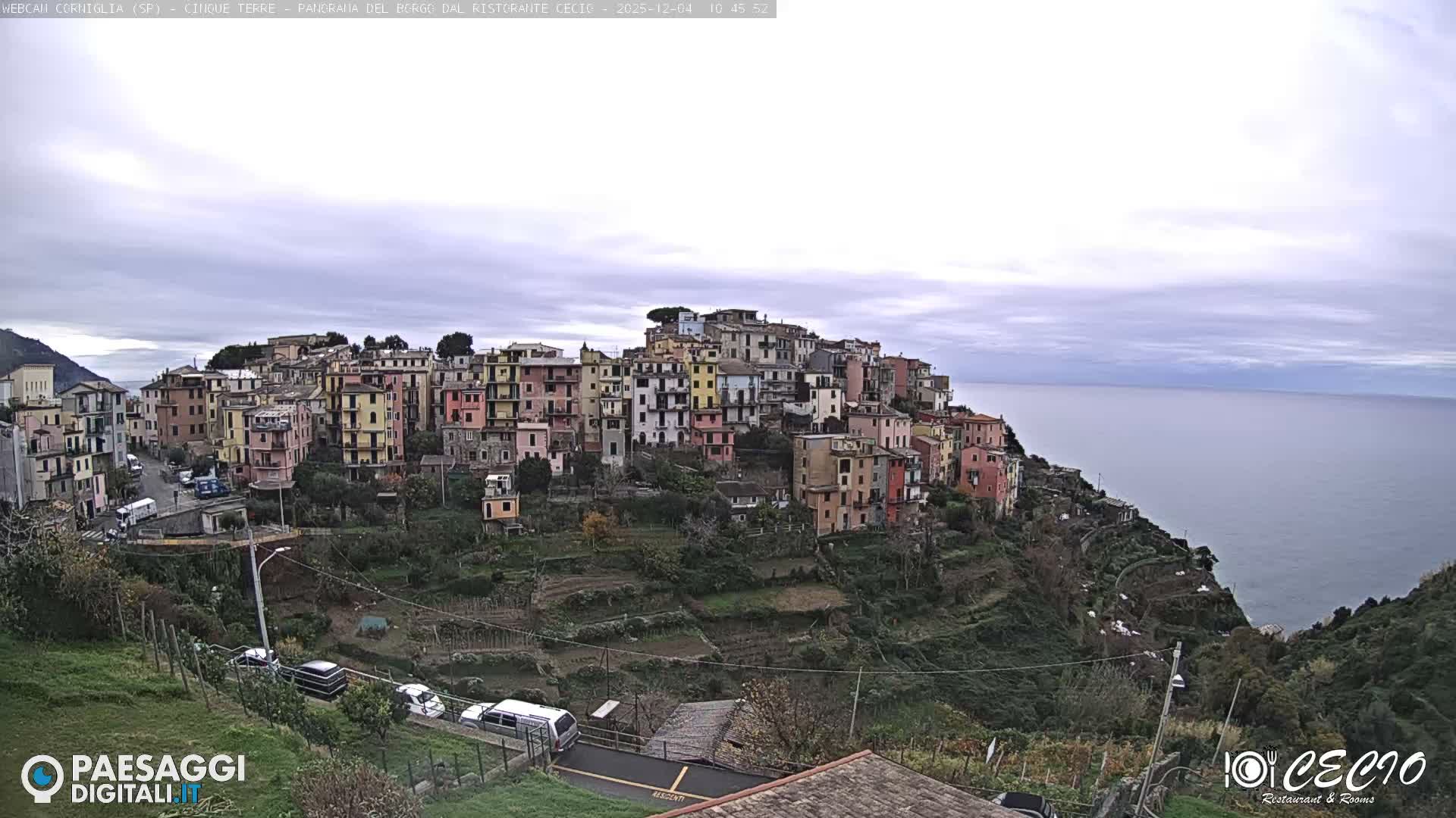 A vibrant, colorful village is densely built into a steep, terraced hillside overlooking a calm sea under a cloudy, overcast sky.