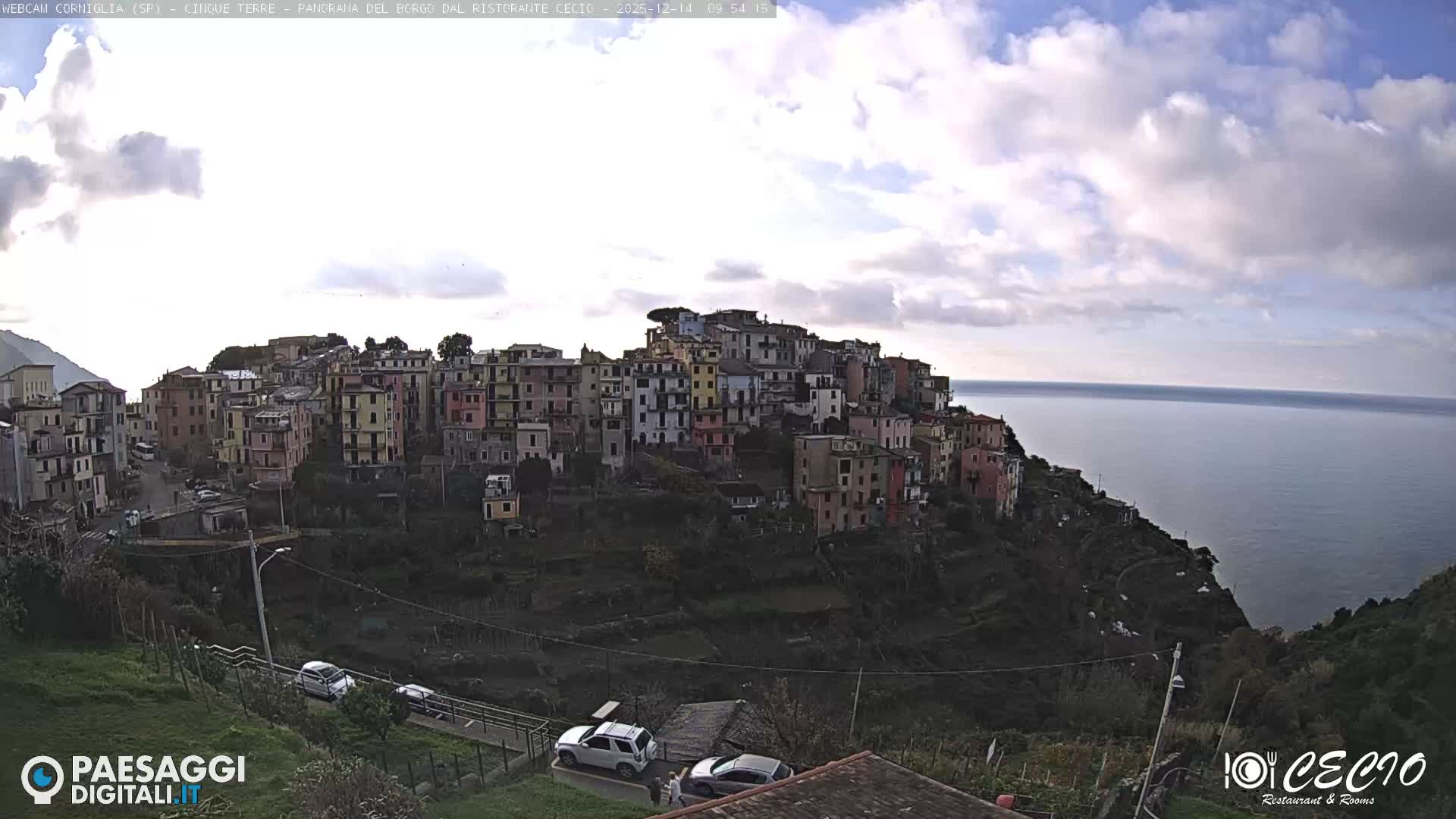 A vibrant, colorful village is densely built into a steep, terraced hillside overlooking a calm sea under a cloudy, overcast sky.