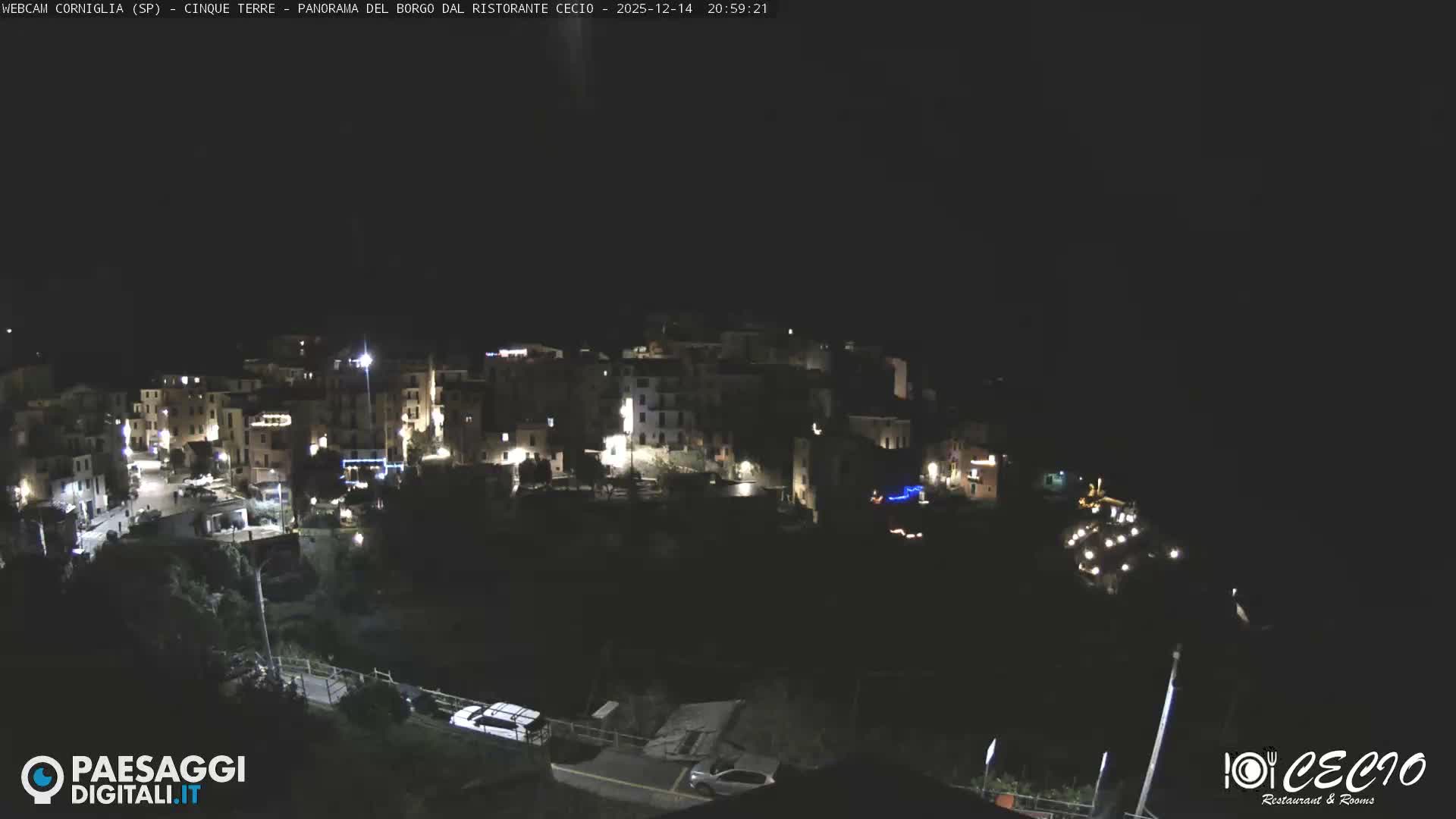 A vibrant, colorful village is densely built into a steep, terraced hillside overlooking a calm sea under a cloudy, overcast sky.