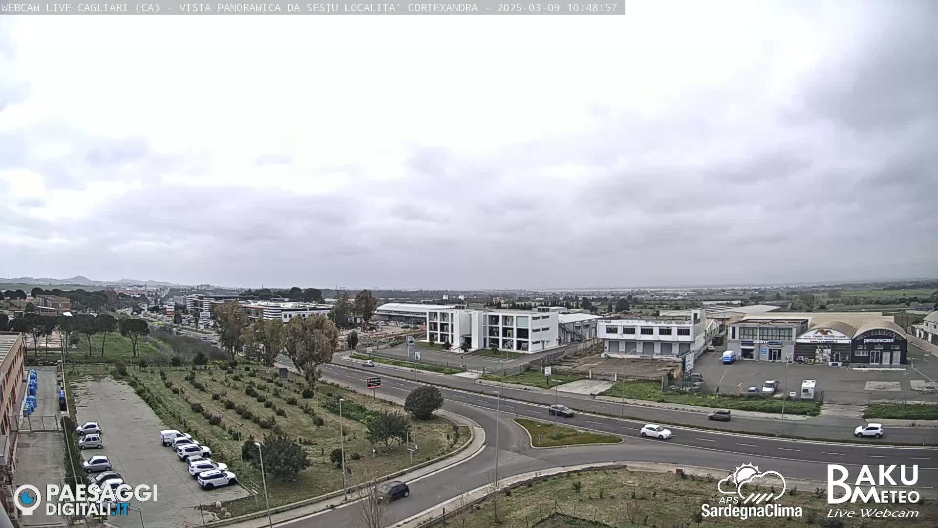 A panoramic view of a city under an overcast sky, showing roads, buildings, and a parking lot filled with cars, with a field of small trees and shrubs in the foreground.