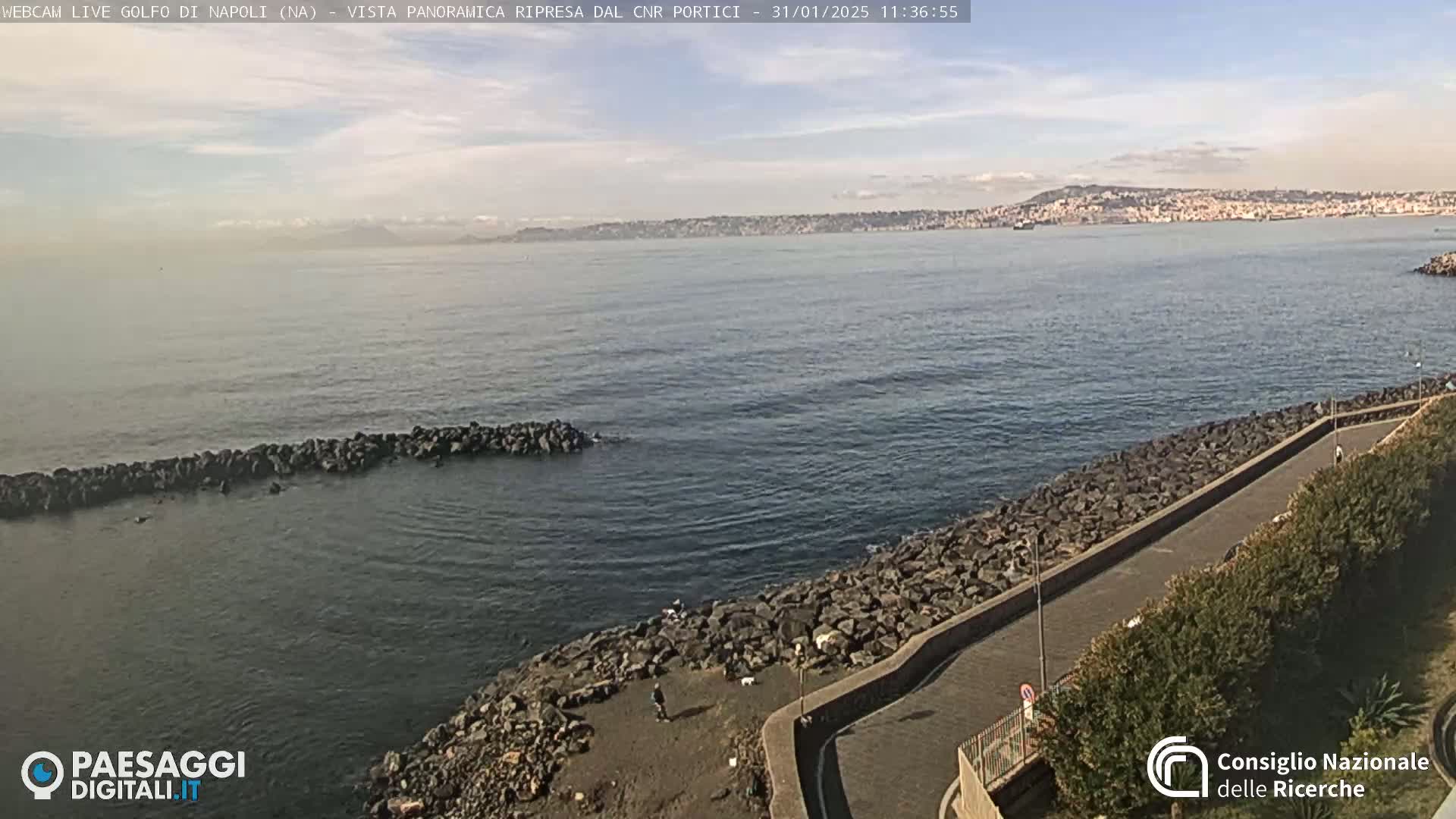 A partly cloudy day shows a rocky coastline with a paved walkway next to the sea, a city visible in the distance.