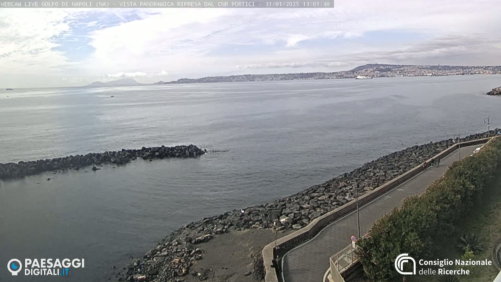 A partly cloudy day overlooks a calm sea with a rocky shoreline and a distant city skyline under a partly cloudy sky.