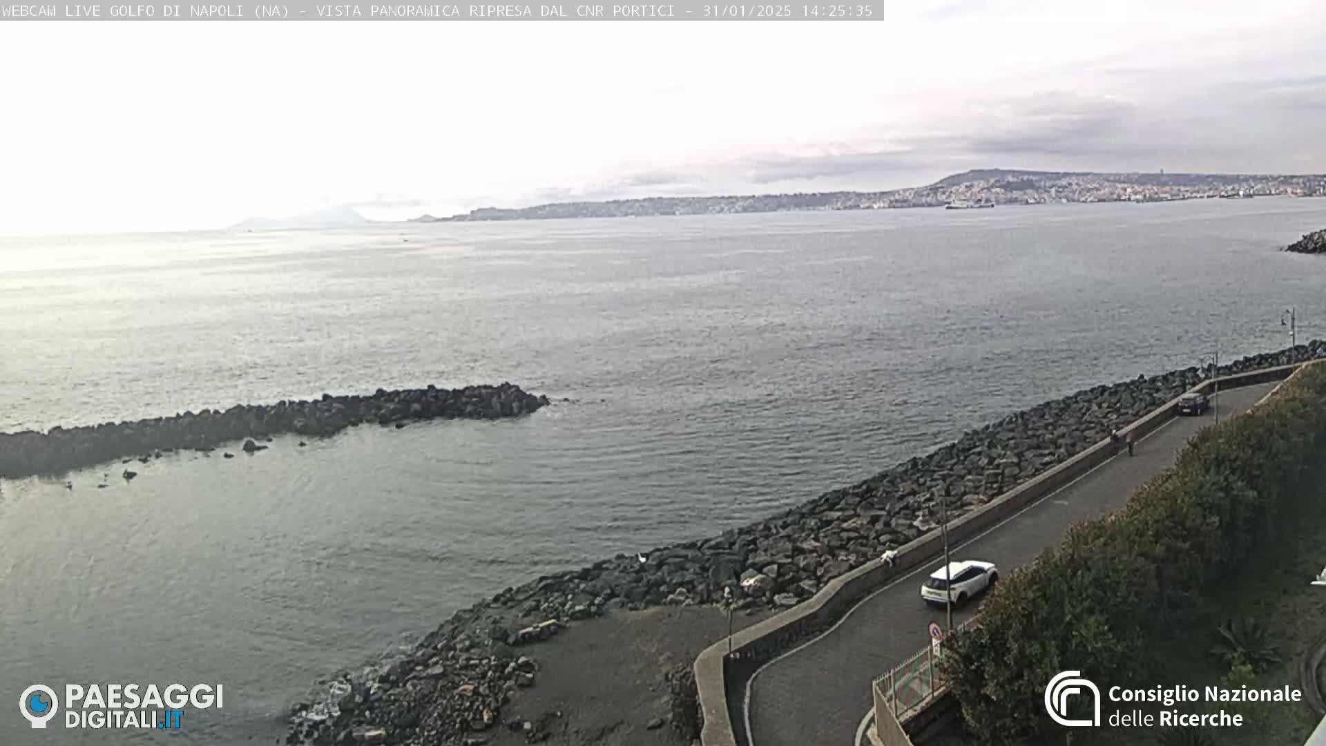 A rocky shoreline curves gently to the right, with a road alongside it, overlooking a calm sea and a distant city skyline under a cloudy sky.