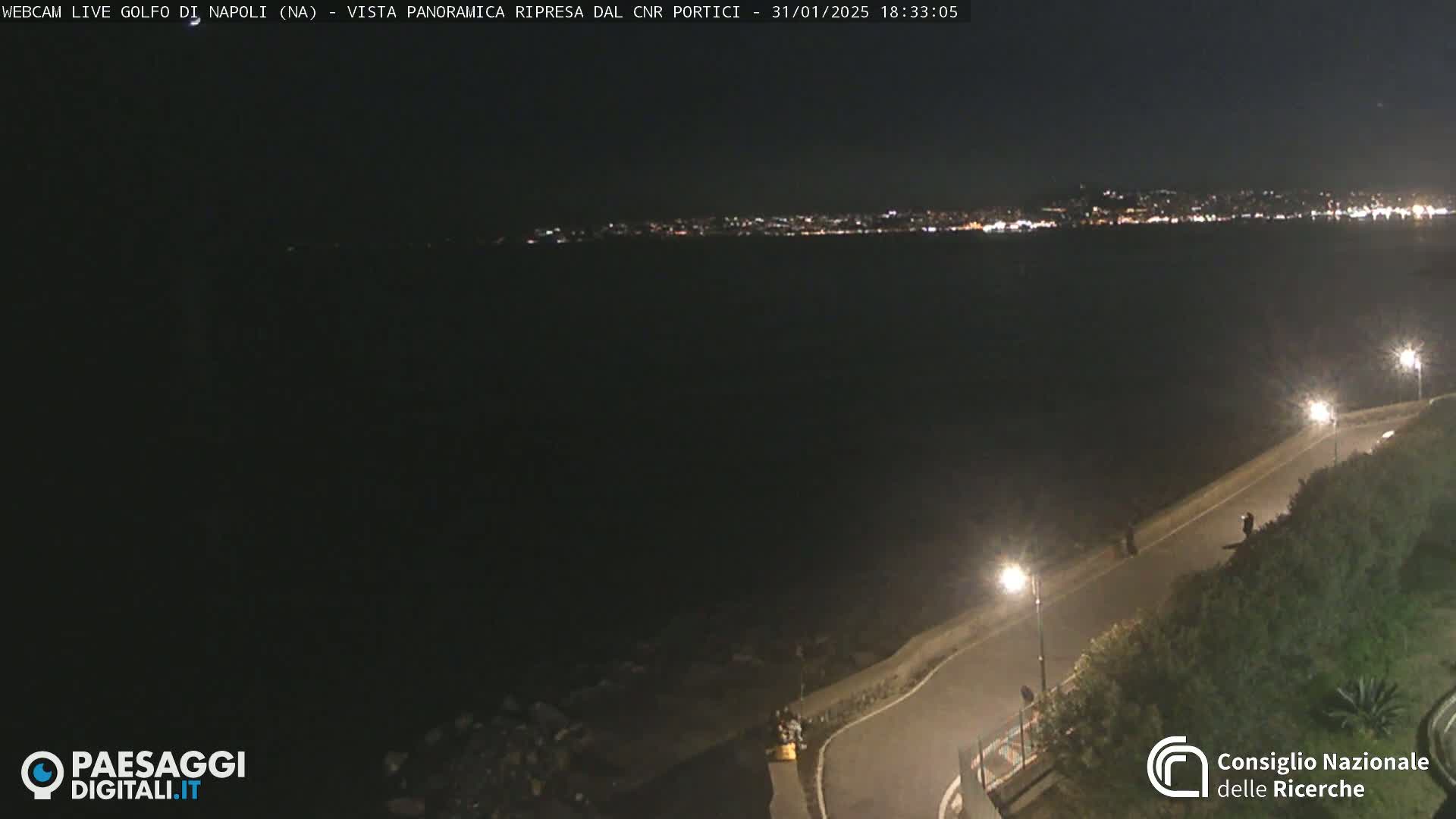A nighttime, panoramic view of a dark body of water with a city skyline illuminated in the distance, and a paved road curving along the shoreline.