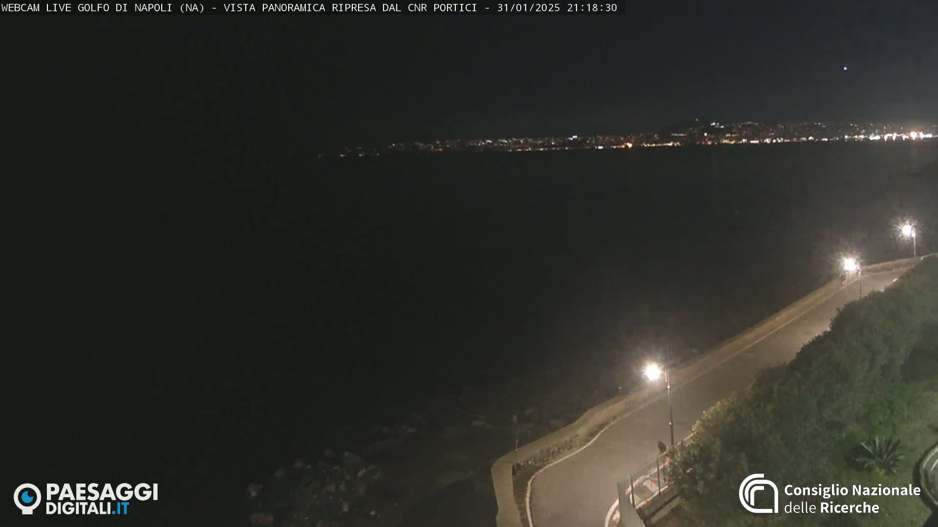 A nighttime, long shot of a dark body of water with a distant city skyline illuminated, and a paved road curving along the water's edge.