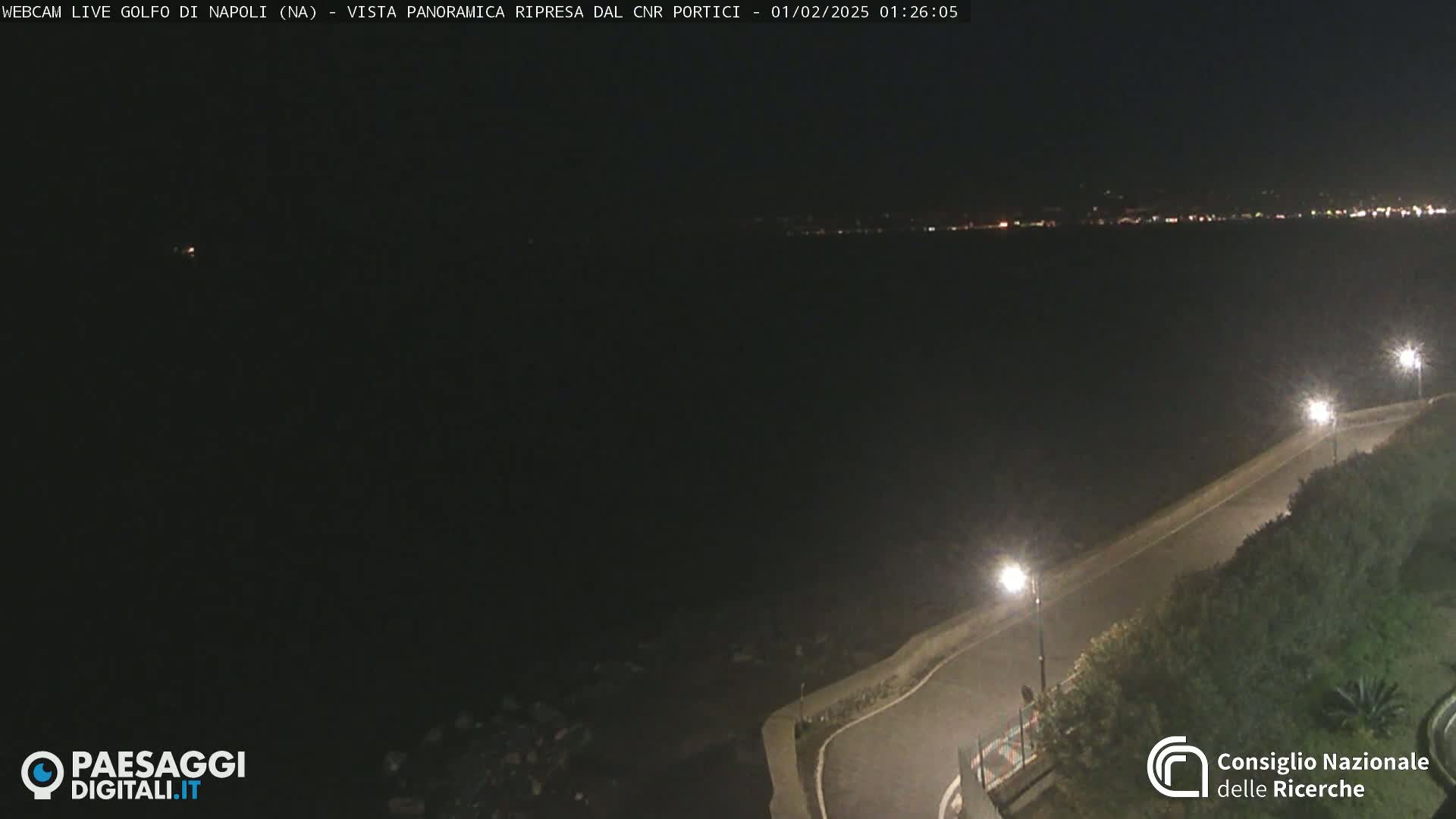 A dark nighttime view of a coastline with a road and lights, overlooking a dark body of water with distant city lights.