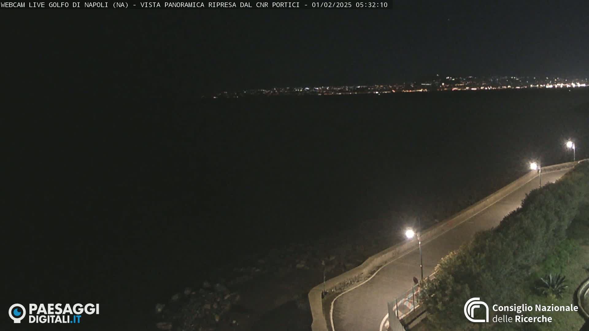A nighttime, panoramic view shows a dark body of water with a distant, faintly lit city skyline, and a paved road curving along a shoreline with vegetation and lit street lamps.