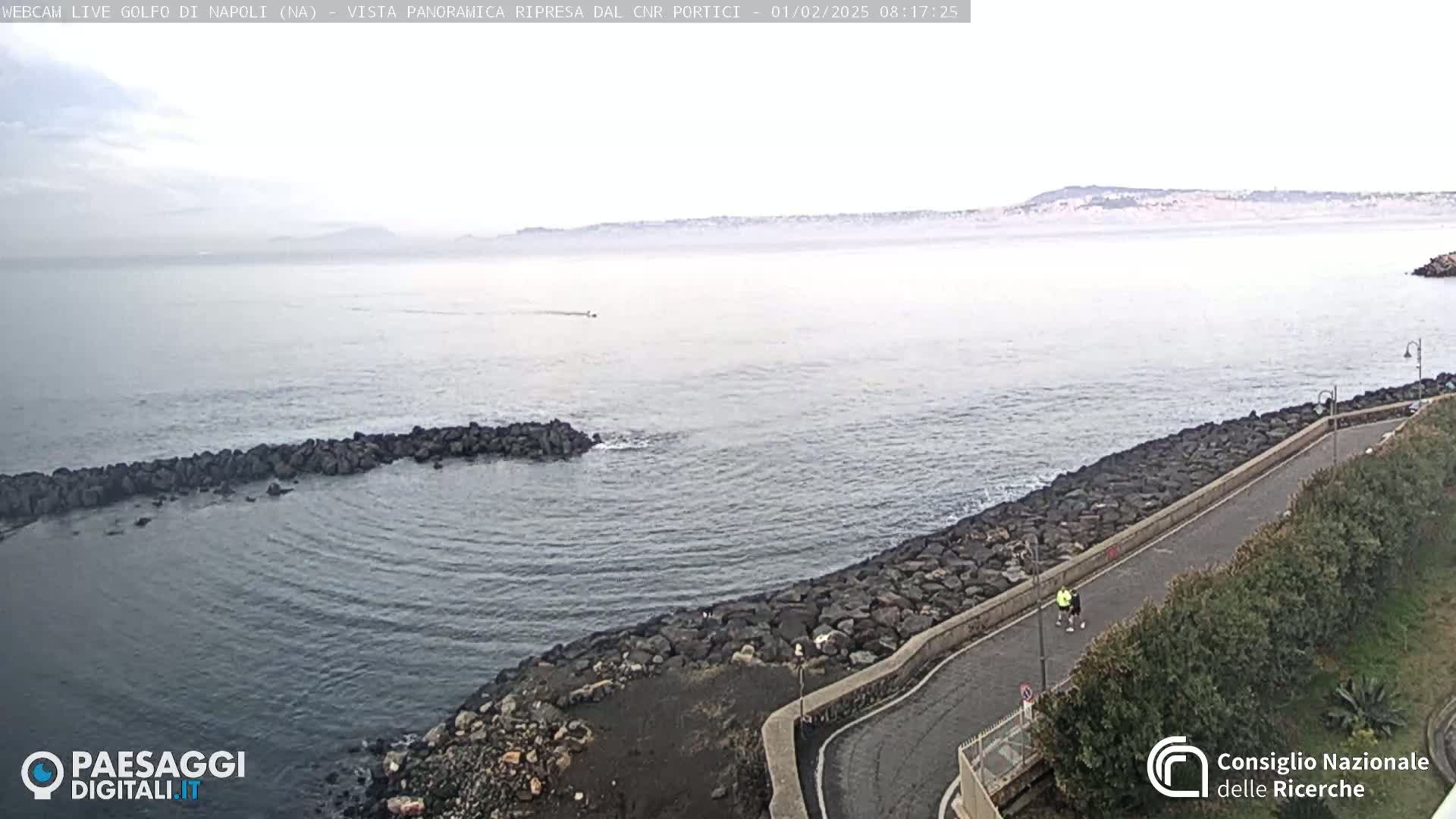 A calm, hazy sea meets a rocky shoreline with a paved path and vegetation, under an overcast sky.