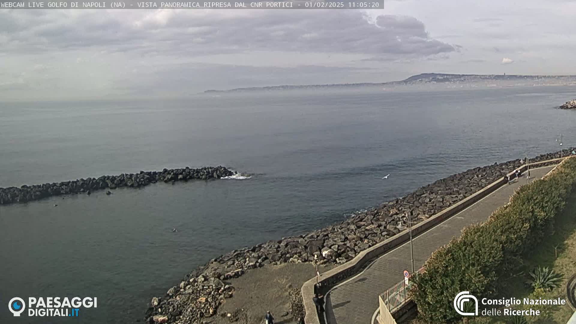 A rocky coastline with a paved walkway curves gently alongside a calm sea under a partly cloudy sky, with a distant hazy mountain range visible in the background.