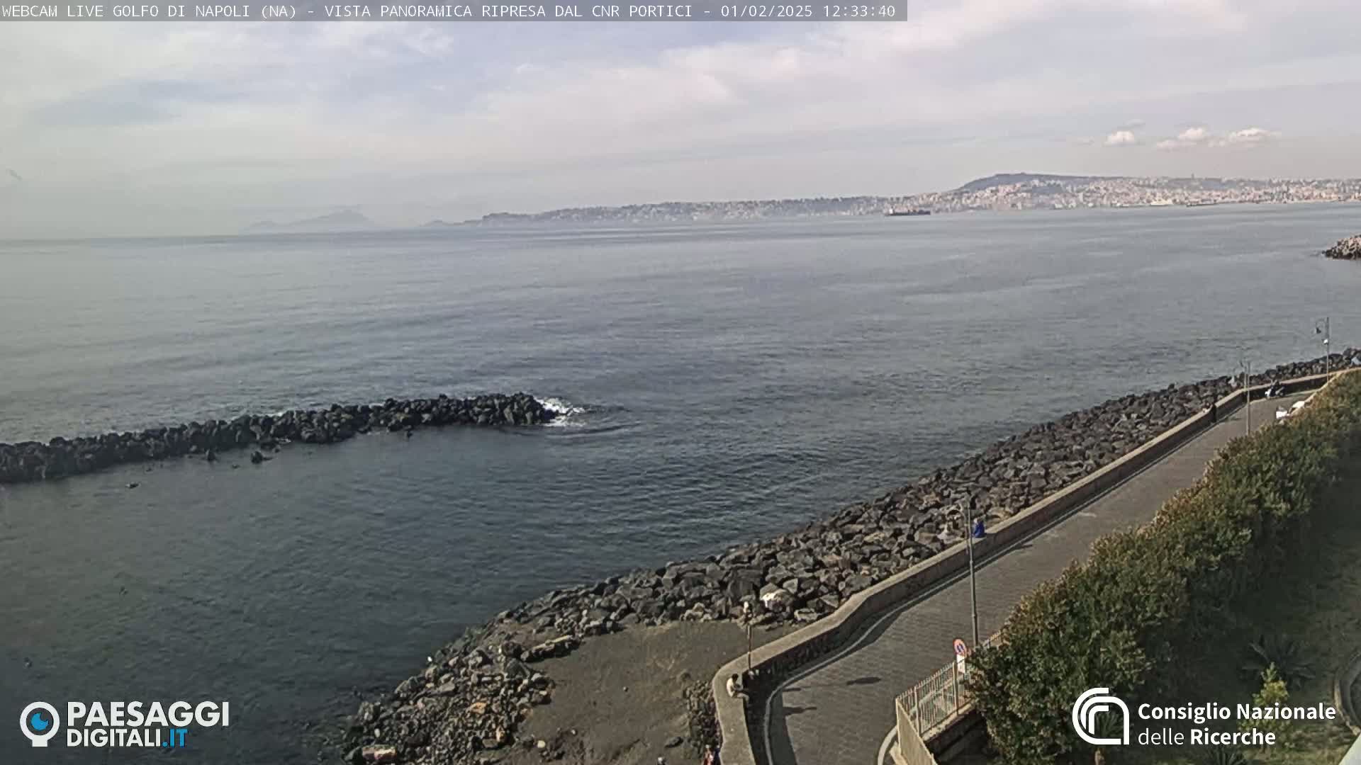 A mostly cloudy day reveals a rocky shoreline and calm sea with a distant city skyline visible across the water.