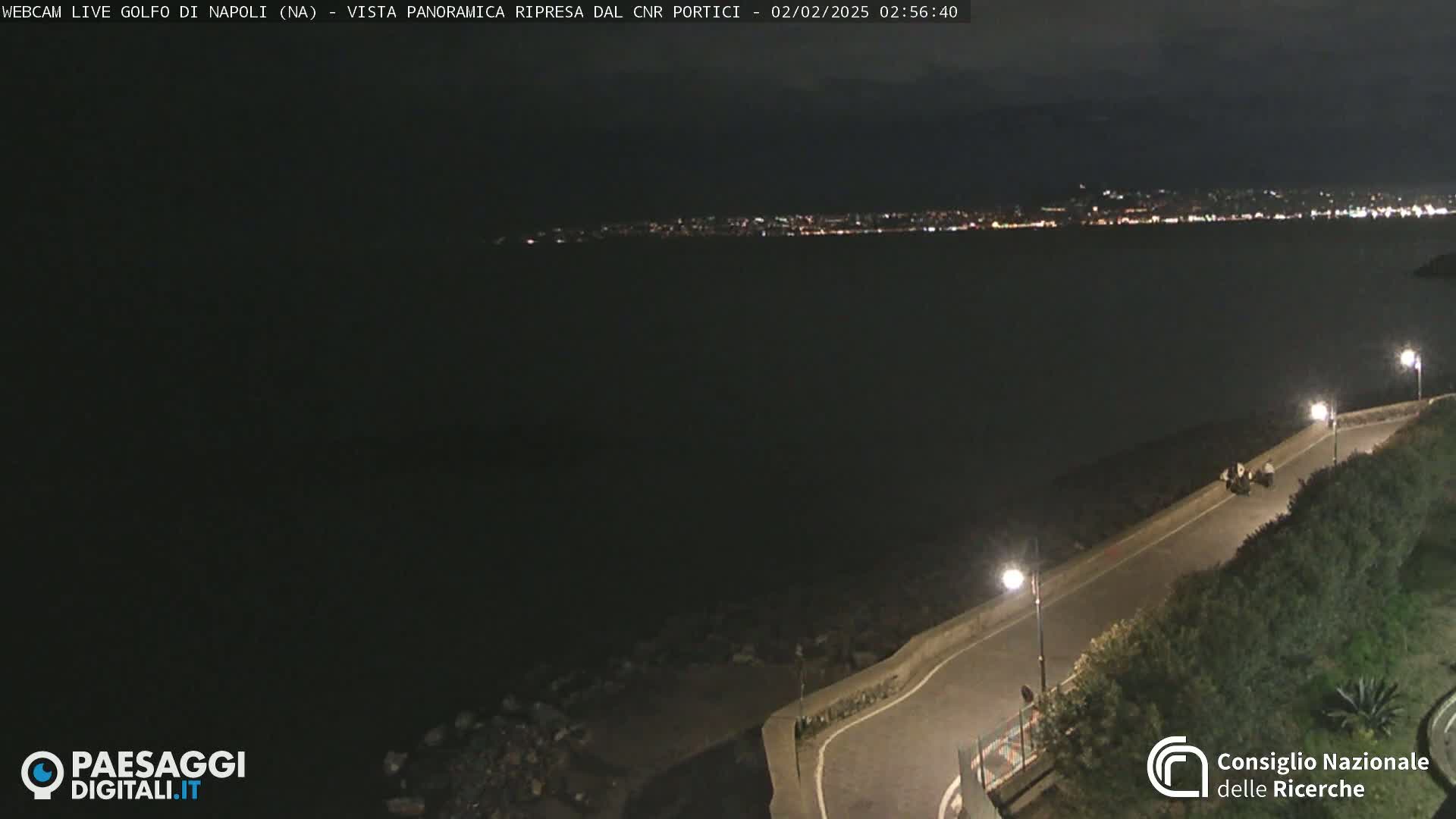 A nighttime, panoramic view of a city's lights across a dark body of water, with a paved road curving along a shoreline below.