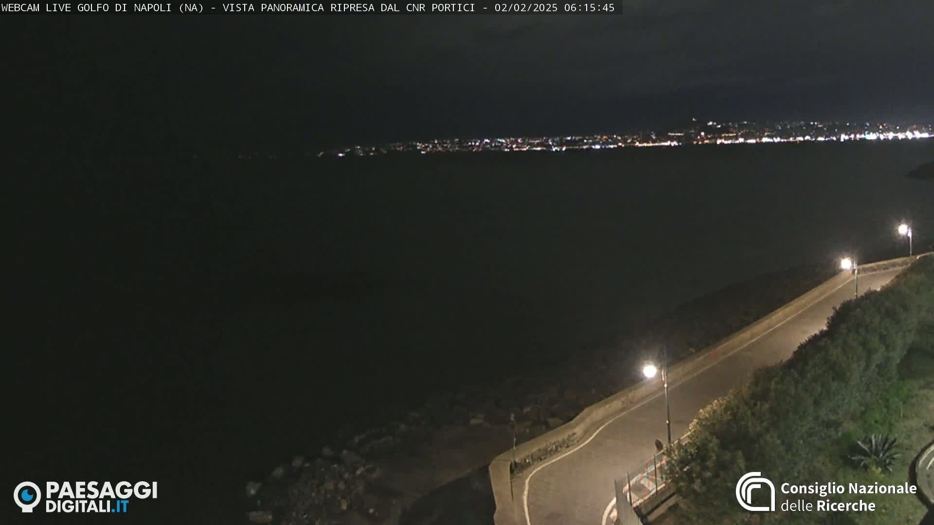 A nighttime, panoramic view shows a dark body of water with a distant city skyline illuminated, and a curving road with lights alongside vegetation in the foreground.