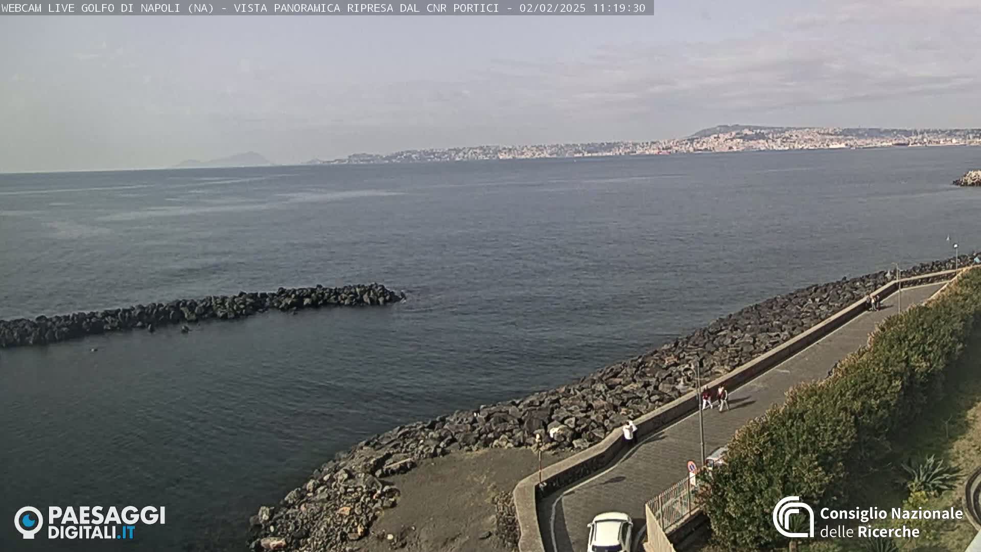 A rocky shoreline with a paved walkway overlooks a calm sea and a distant city under a partly cloudy sky.