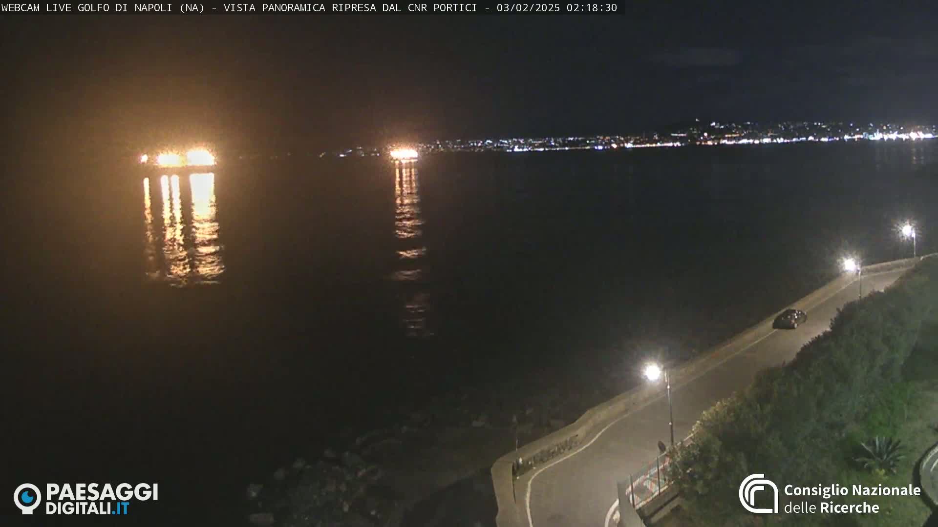 A nighttime coastal scene shows a dark body of water reflecting the lights of a distant city, with a roadway and vegetation visible in the foreground.