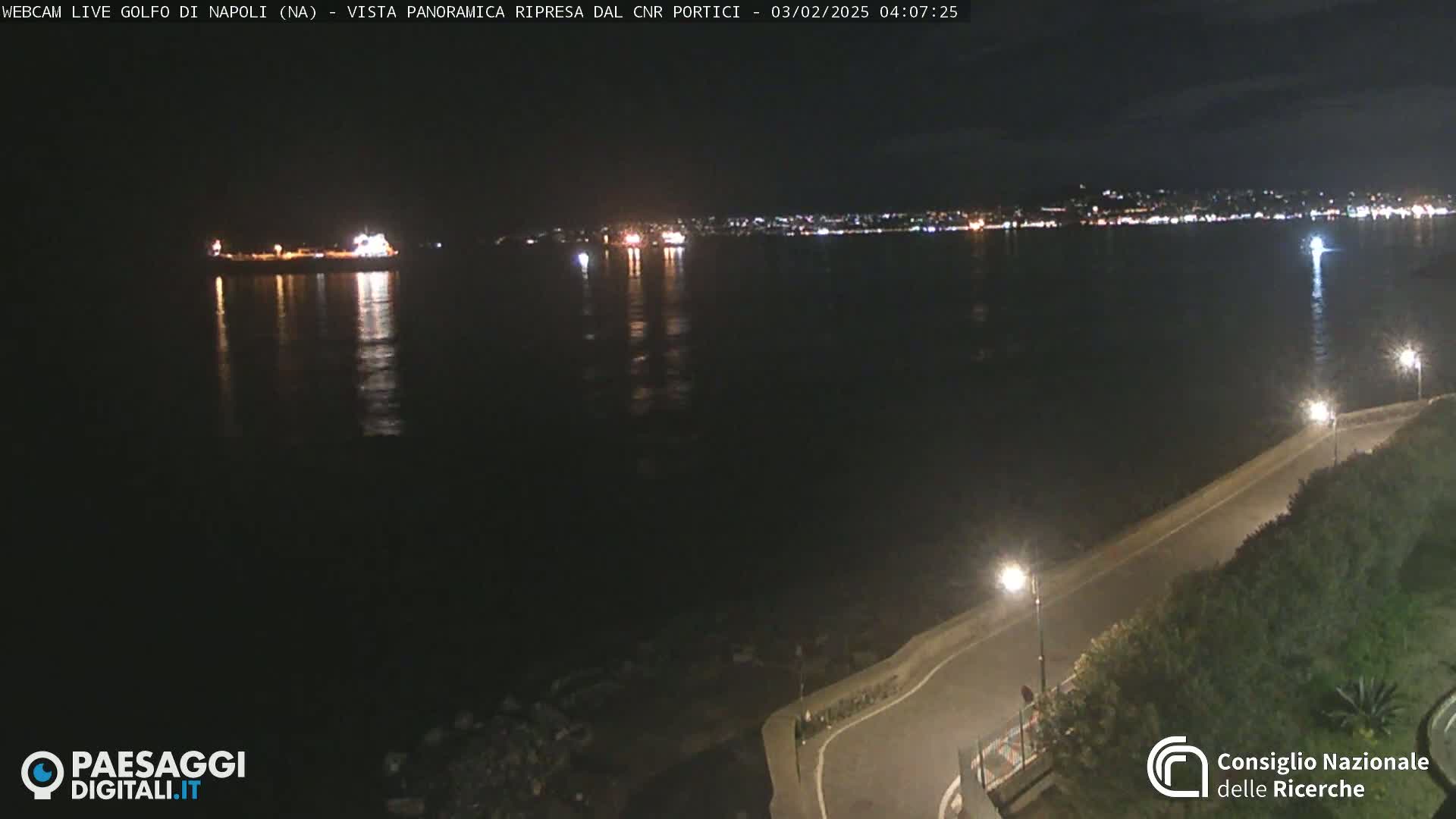 A nighttime view of a calm body of water with a distant, lit cityscape and a ship; a road with streetlights curves along the water's edge.