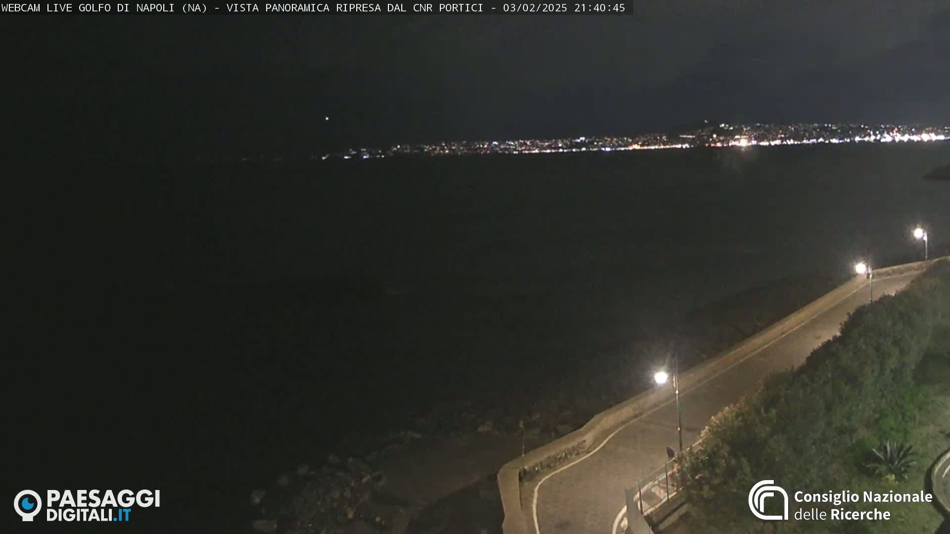 A nighttime, seaside view shows a dark body of water with a distant city skyline illuminated by lights, and a curved road with streetlights along a shoreline.