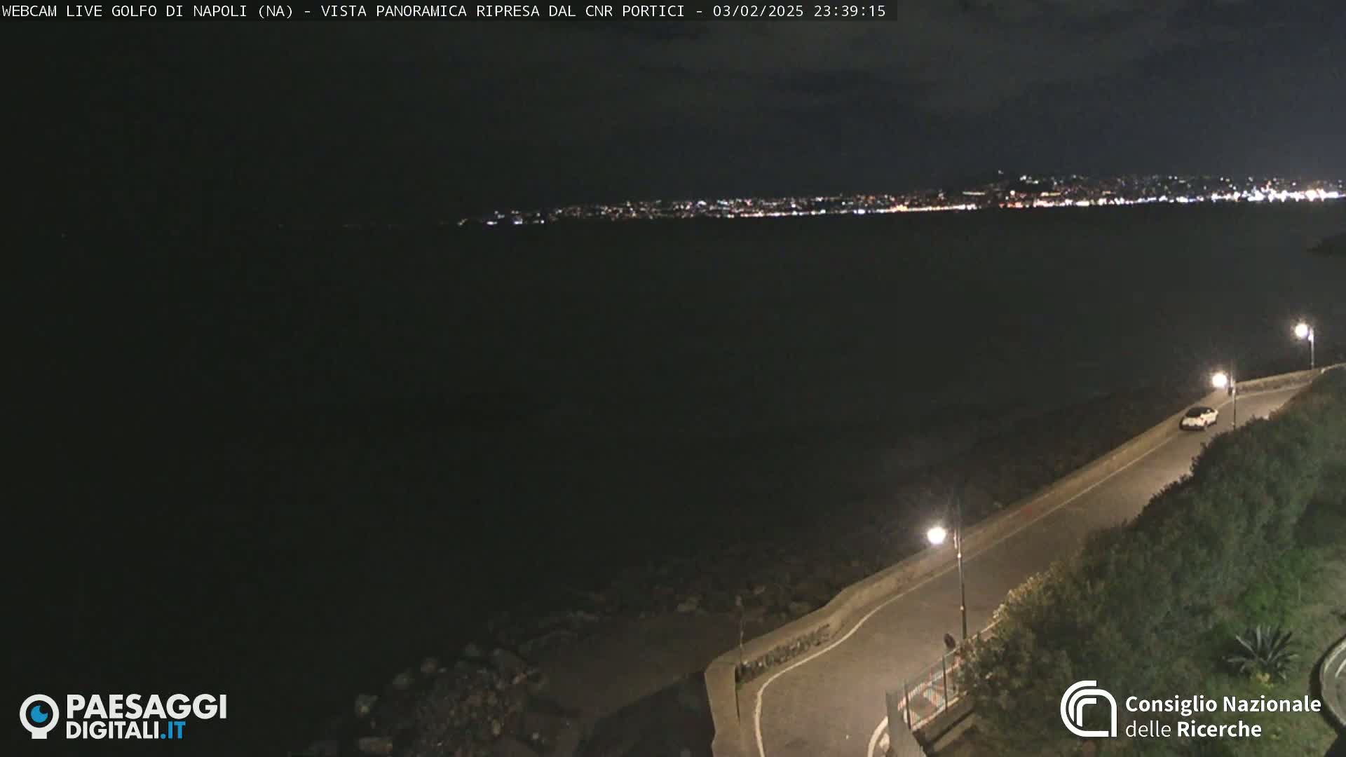 A nighttime coastal scene shows a dark, calm body of water with a distant city skyline illuminated by lights, a road curving along the shoreline next to dark vegetation, and a single car visible on the road.