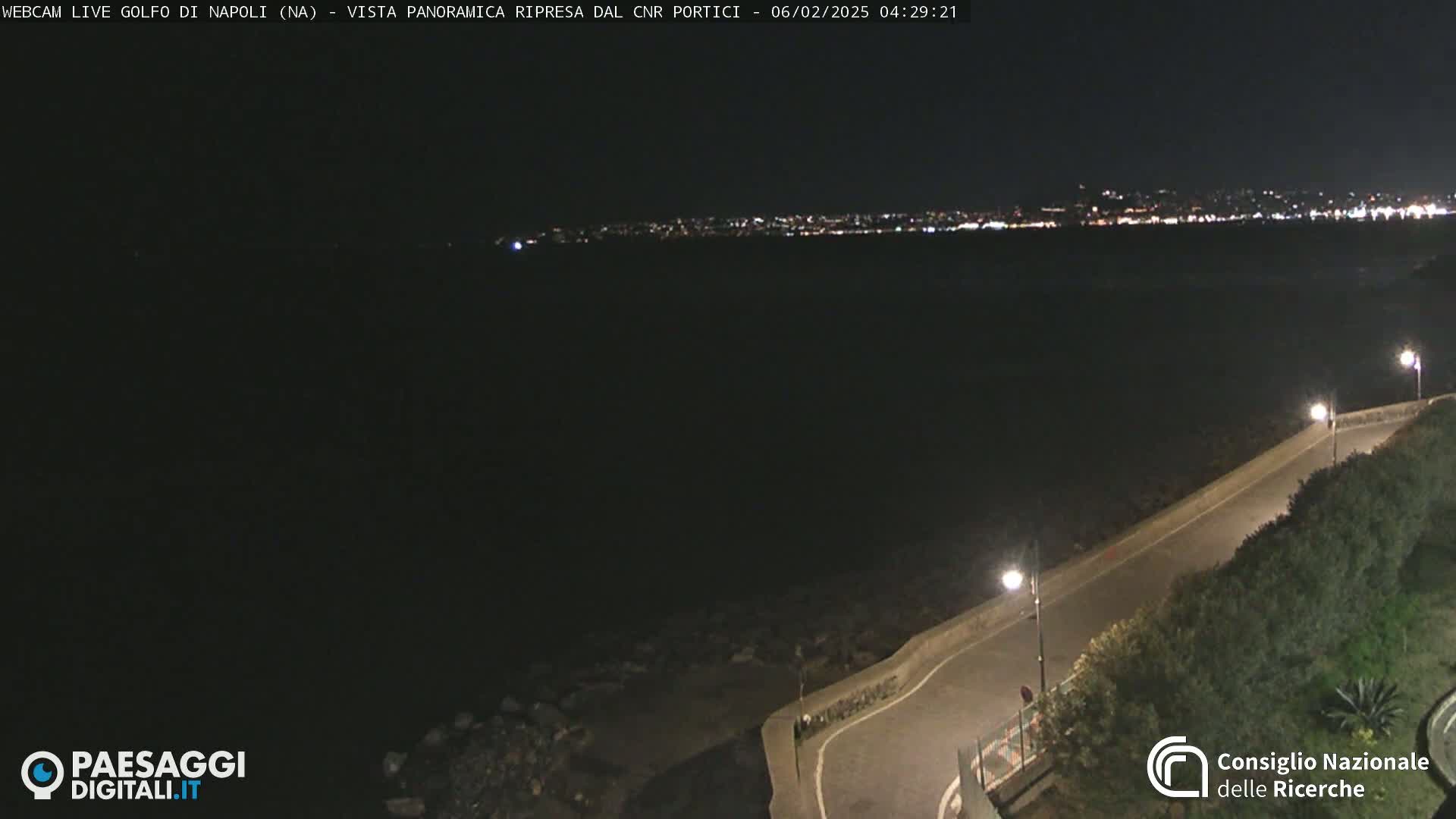 A nighttime, high-angle view shows a dark body of water with a distant city skyline illuminated by lights, and a curving road next to the water lined with vegetation and streetlights.